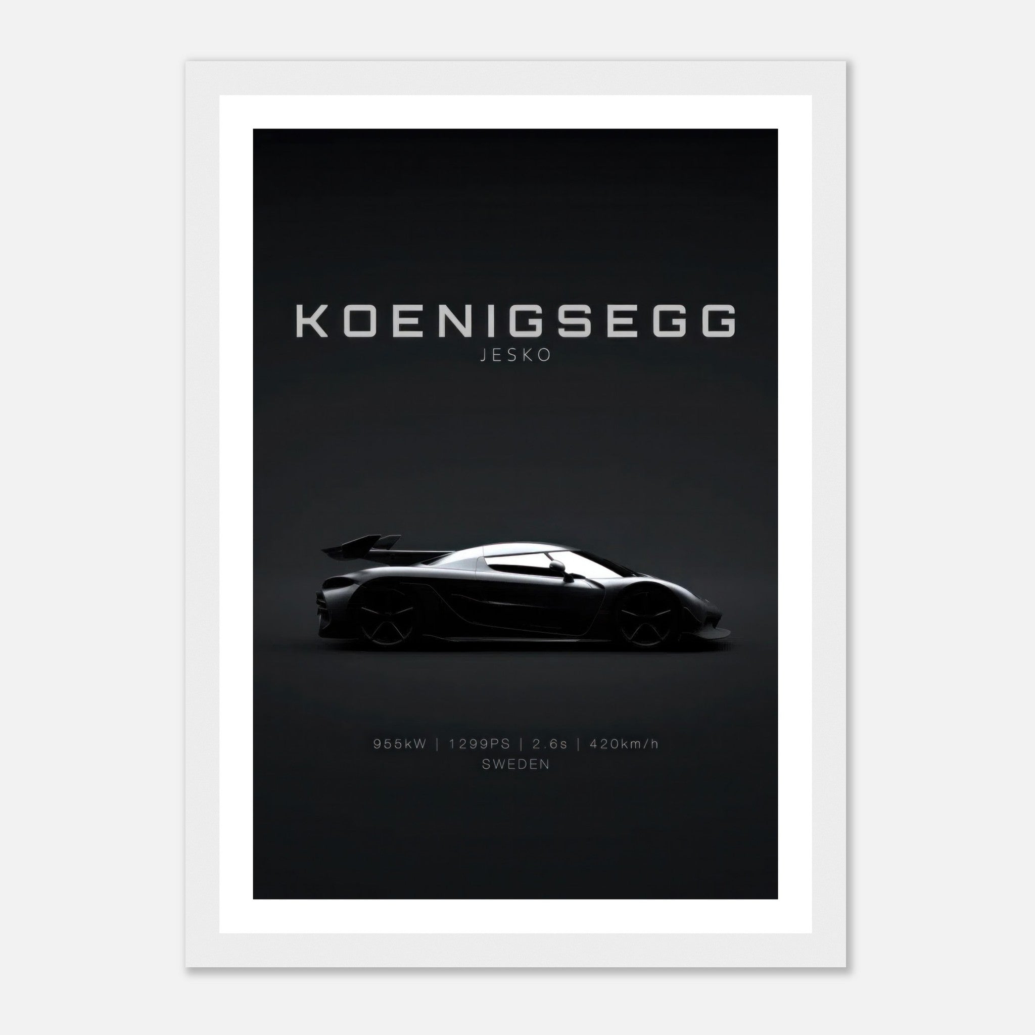Koenigsegg Jesko framed poster showcasing sleek silhouette against a black background, ideal for car enthusiasts.