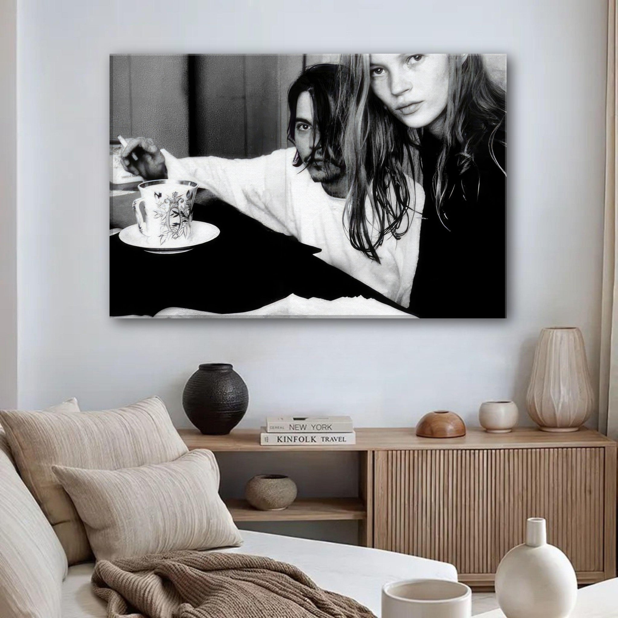 Canvas print of Johnny Depp and Kate Moss, showcasing 90s nostalgia and iconic romance in black-and-white.
