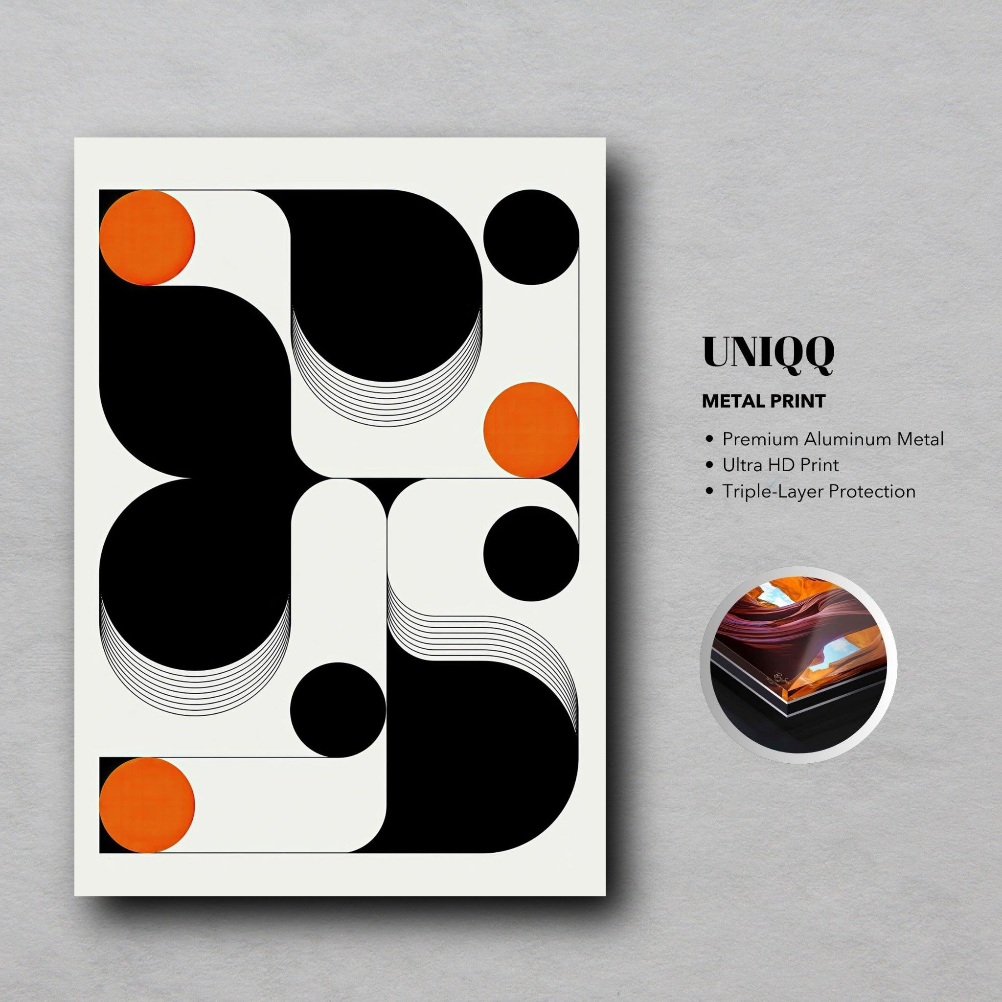 Modern geometric abstract art metal print featuring bold black, white, and orange tones with sleek curved lines and circular patterns.