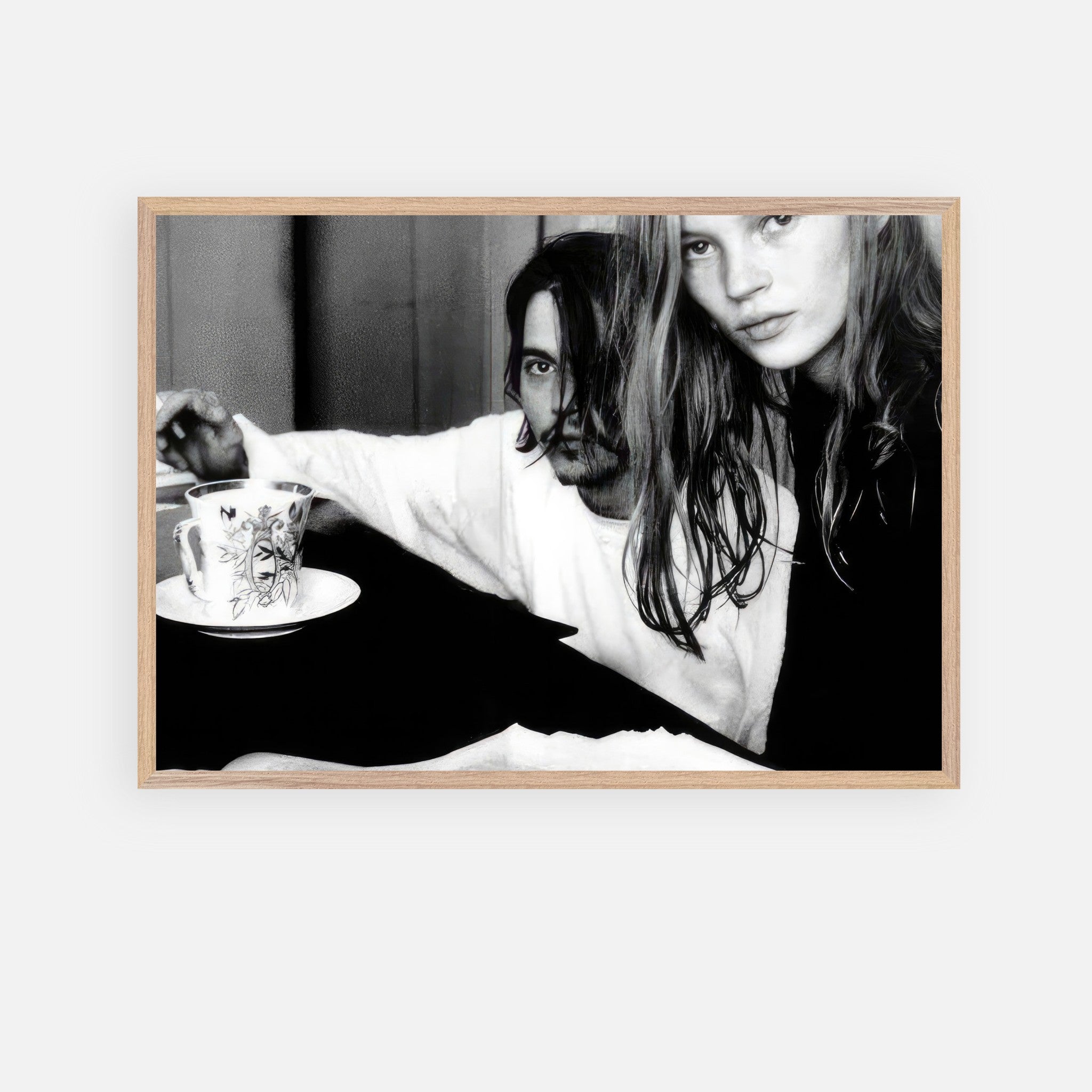 Rebel Romance fine art print featuring Johnny Depp and Kate Moss in black-and-white, capturing 90s nostalgia.