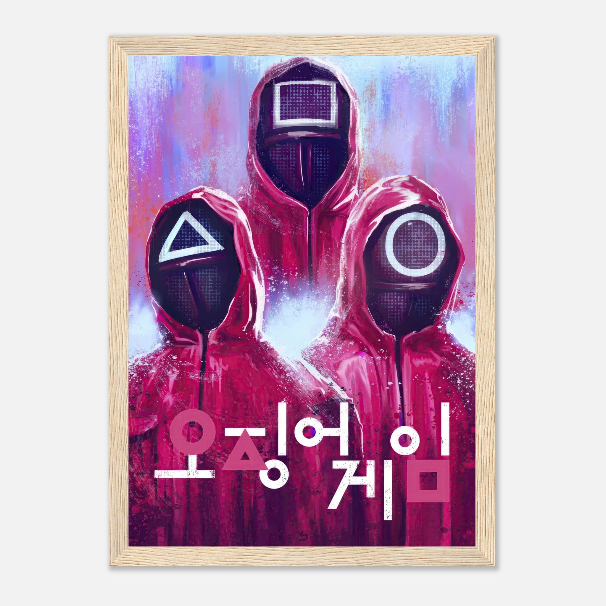 Framed poster of Squid Game featuring iconic red-suited guards with geometric masks and bold Korean typography.