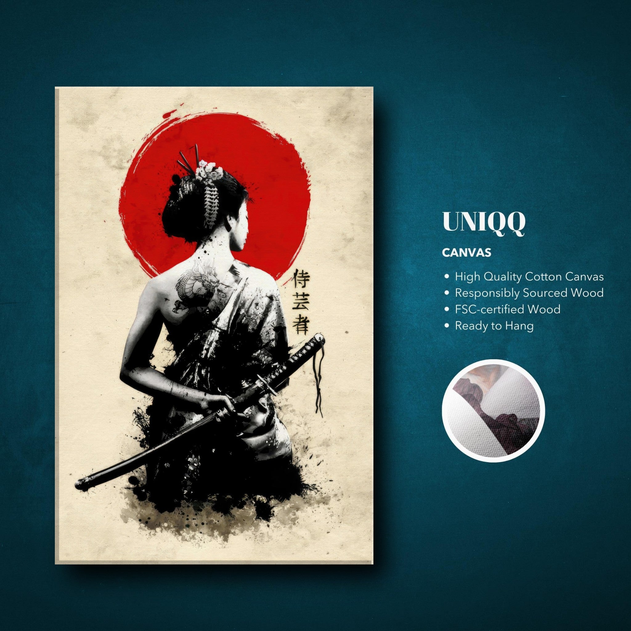 The Samurai Geisha Canvas art featuring a graceful figure with katana against a bold red sun, ideal for wall decor.