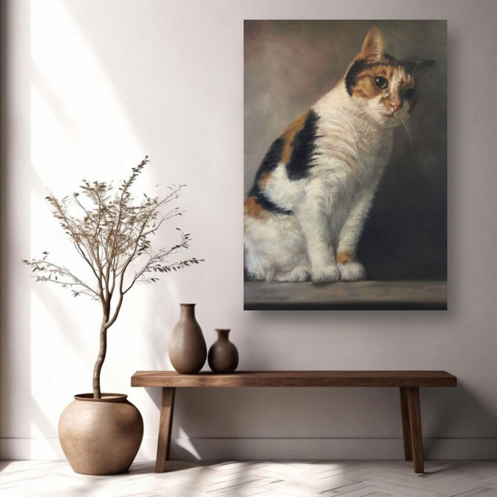 Realistic cat portrait metal print showcased on a wall, complementing modern home decor with a serene atmosphere.