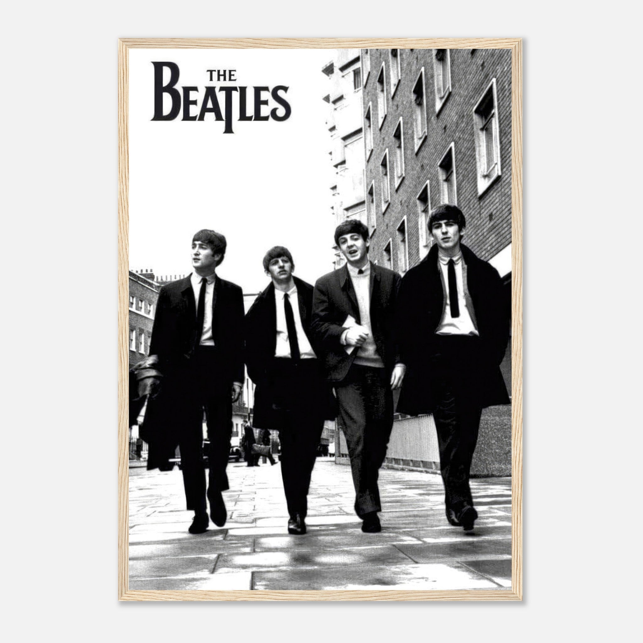 Framed print of The Beatles walking together in black and white, perfect for music lovers and home decor.