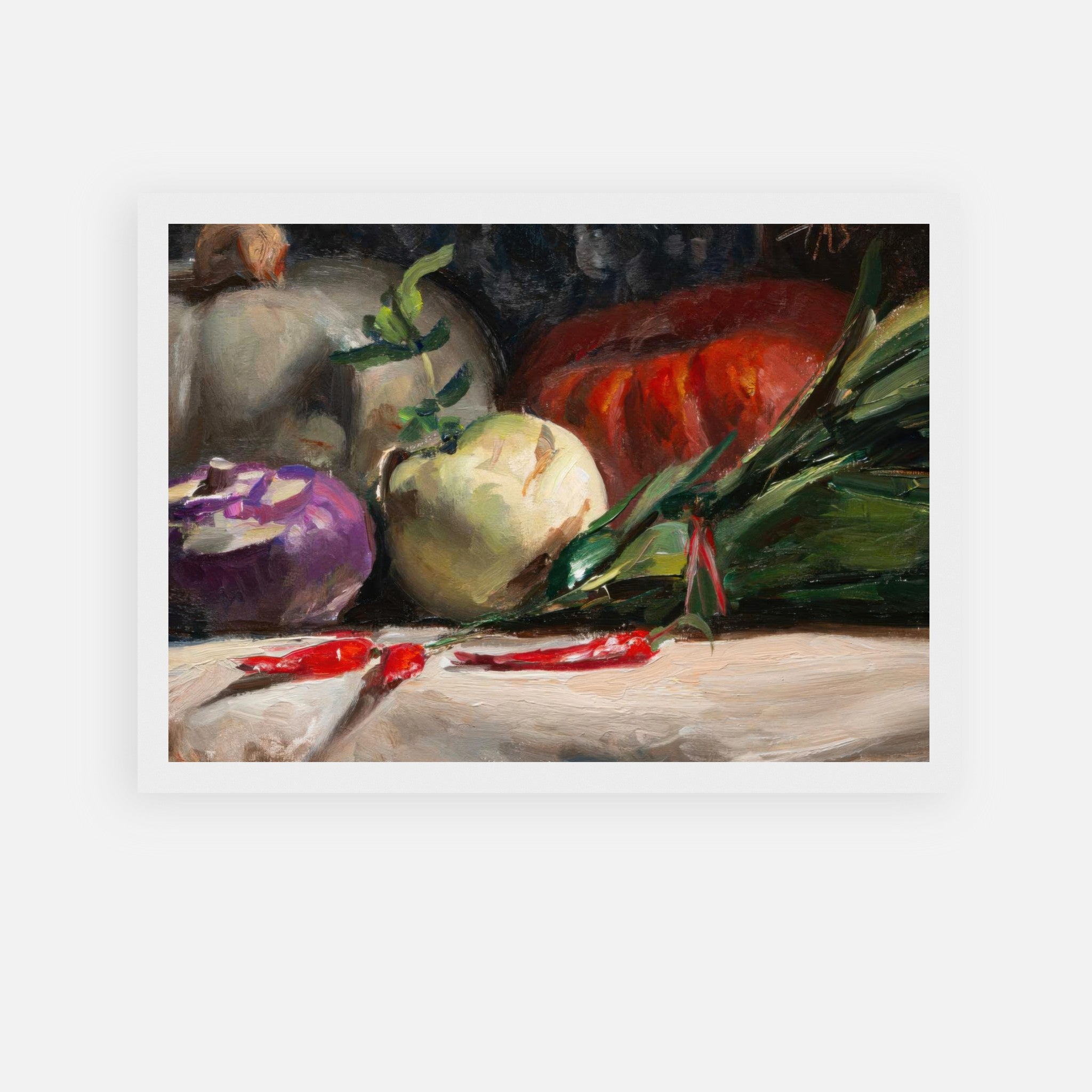 Framed print of kohlrabi, pumpkins, and chilis, showcasing vibrant produce and rustic charm in oil painting style.