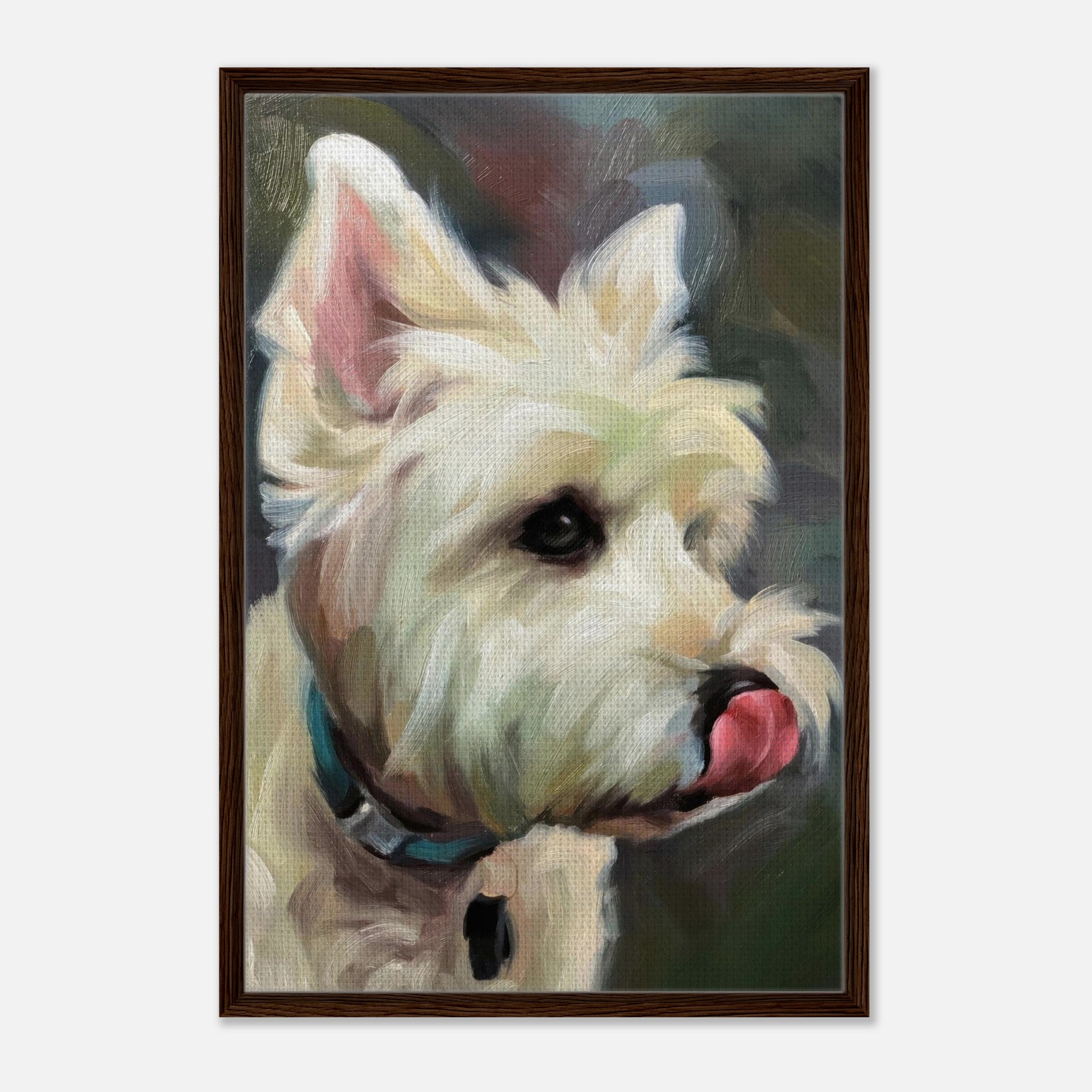 Framed canvas print of a Westie dog painting, showcasing its playful expression and fluffy coat in vibrant colors.