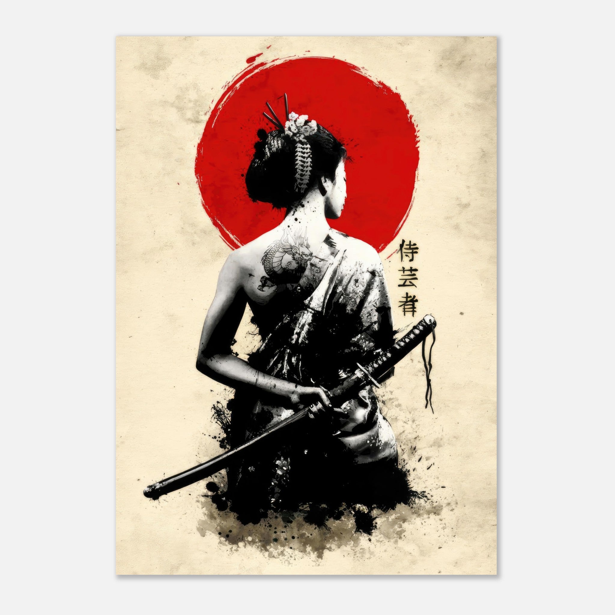 Samurai Geisha poster featuring a fierce geisha with a katana against a bold red sun background.