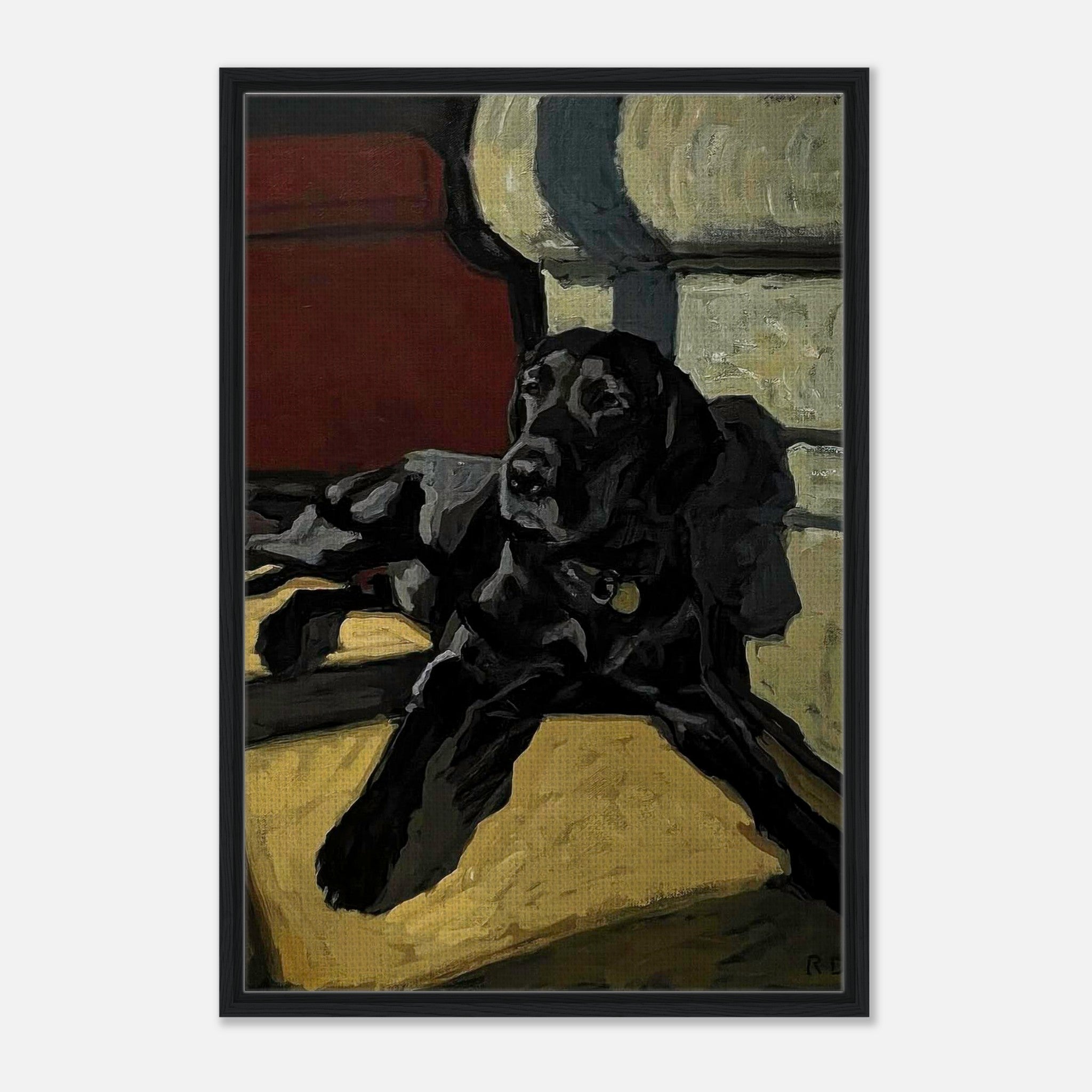 Black Labrador dog painting framed canvas print capturing the warmth and loyalty of this beloved breed.