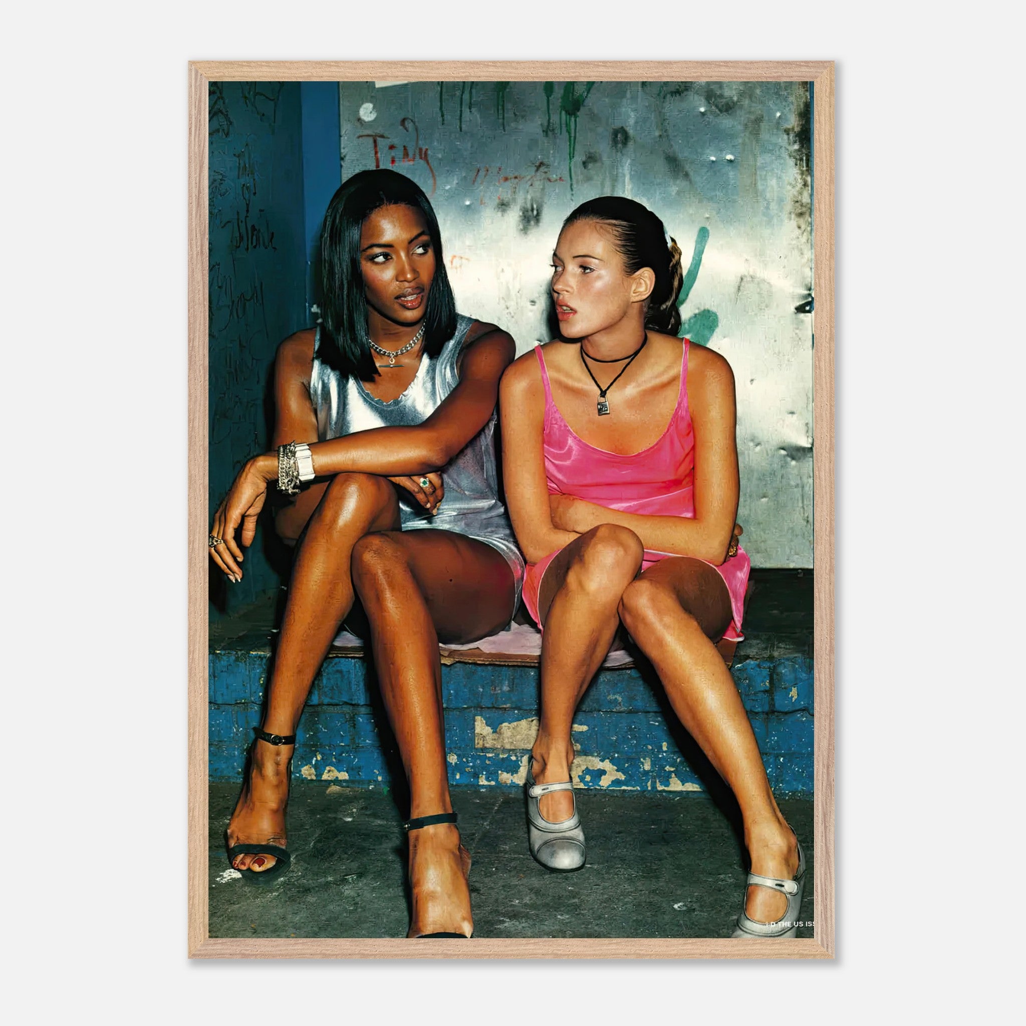 Naomi Campbell and Kate Moss vintage framed print, 90s supermodel glamour artwork capturing their iconic style.