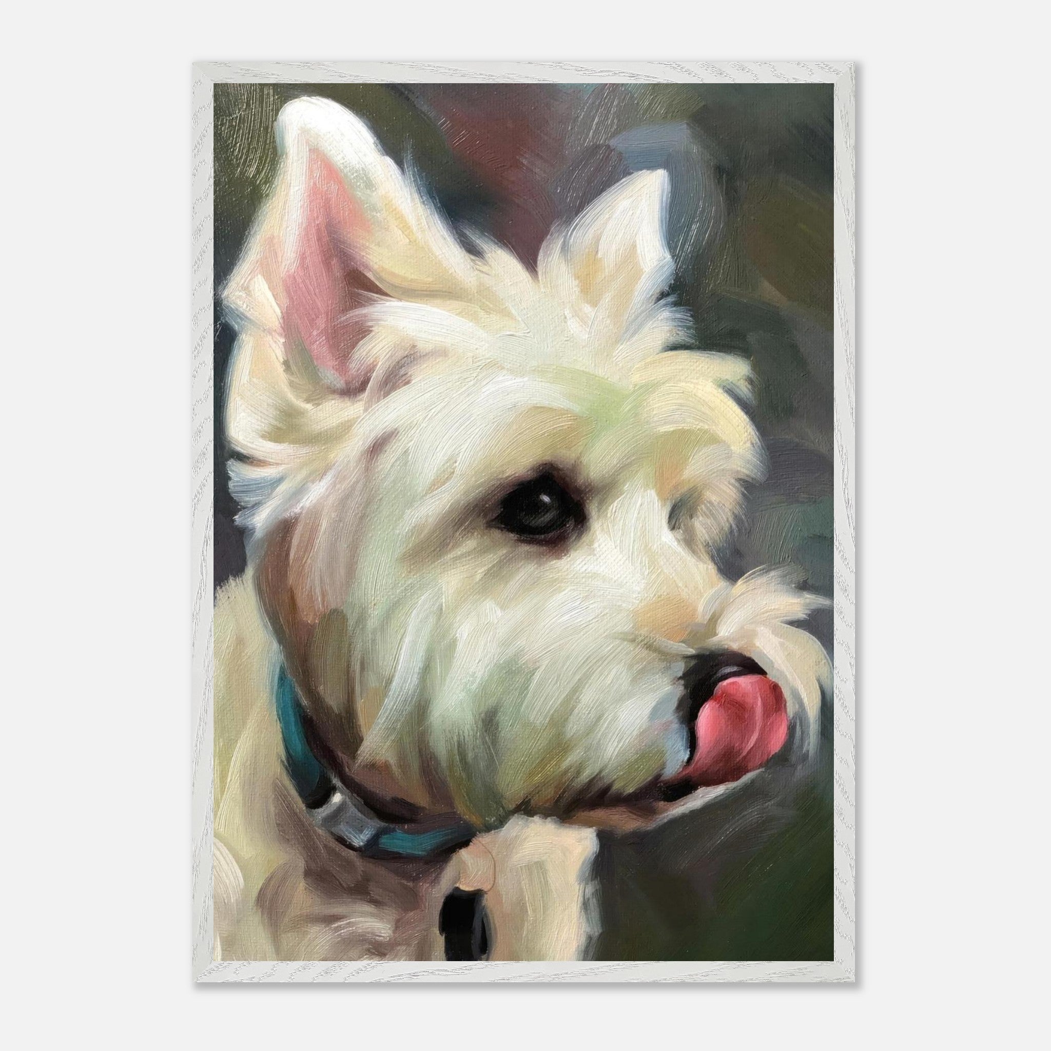 Westie dog painting in vintage frame, showcasing the charming features of a playful West Highland White Terrier.