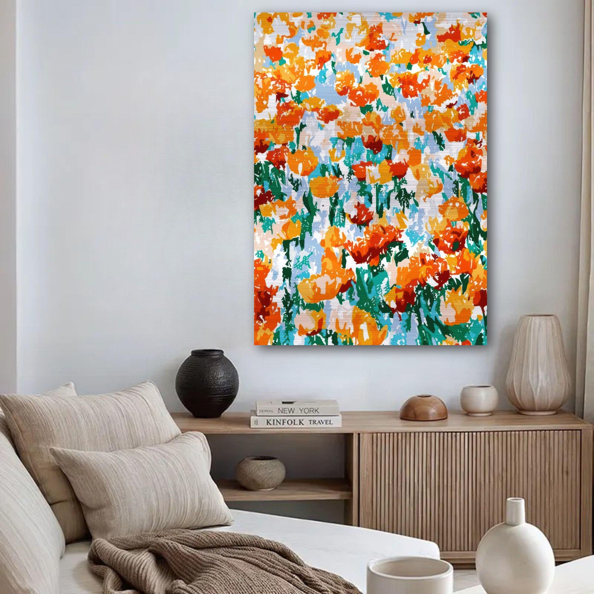 Abstract Floral Tulip Garden print on brushed metal featuring vibrant orange and red tulips in modern living room decor.