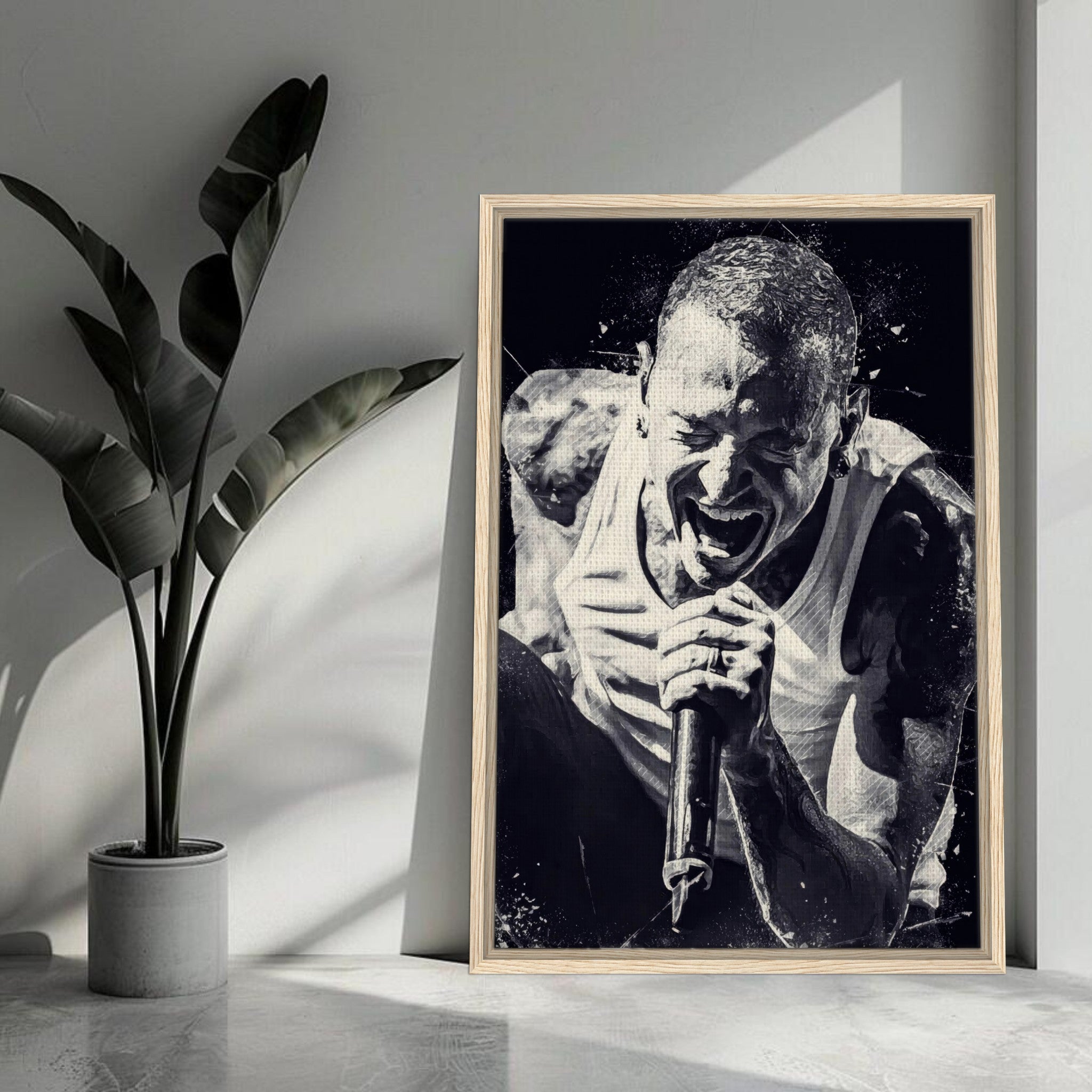 Chester Bennington framed canvas print showcasing his intense performance, perfect for Linkin Park fans.
