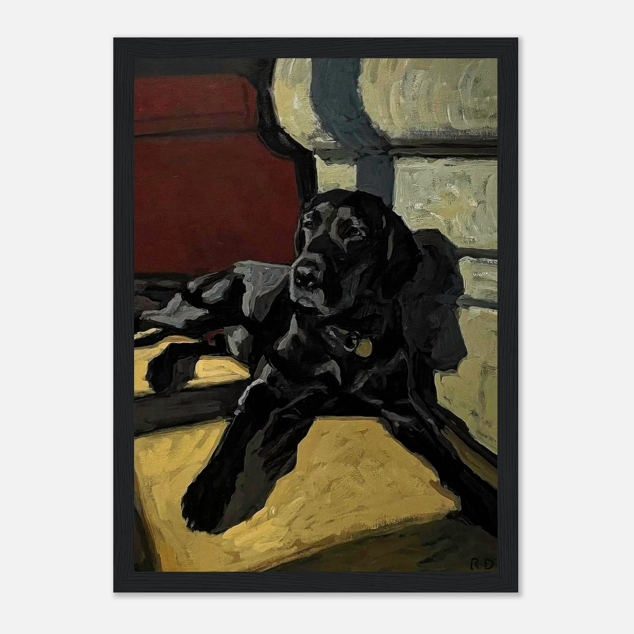 Black Labrador dog painting framed print showcasing a loyal dog lounging in a cozy setting with earthy tones.