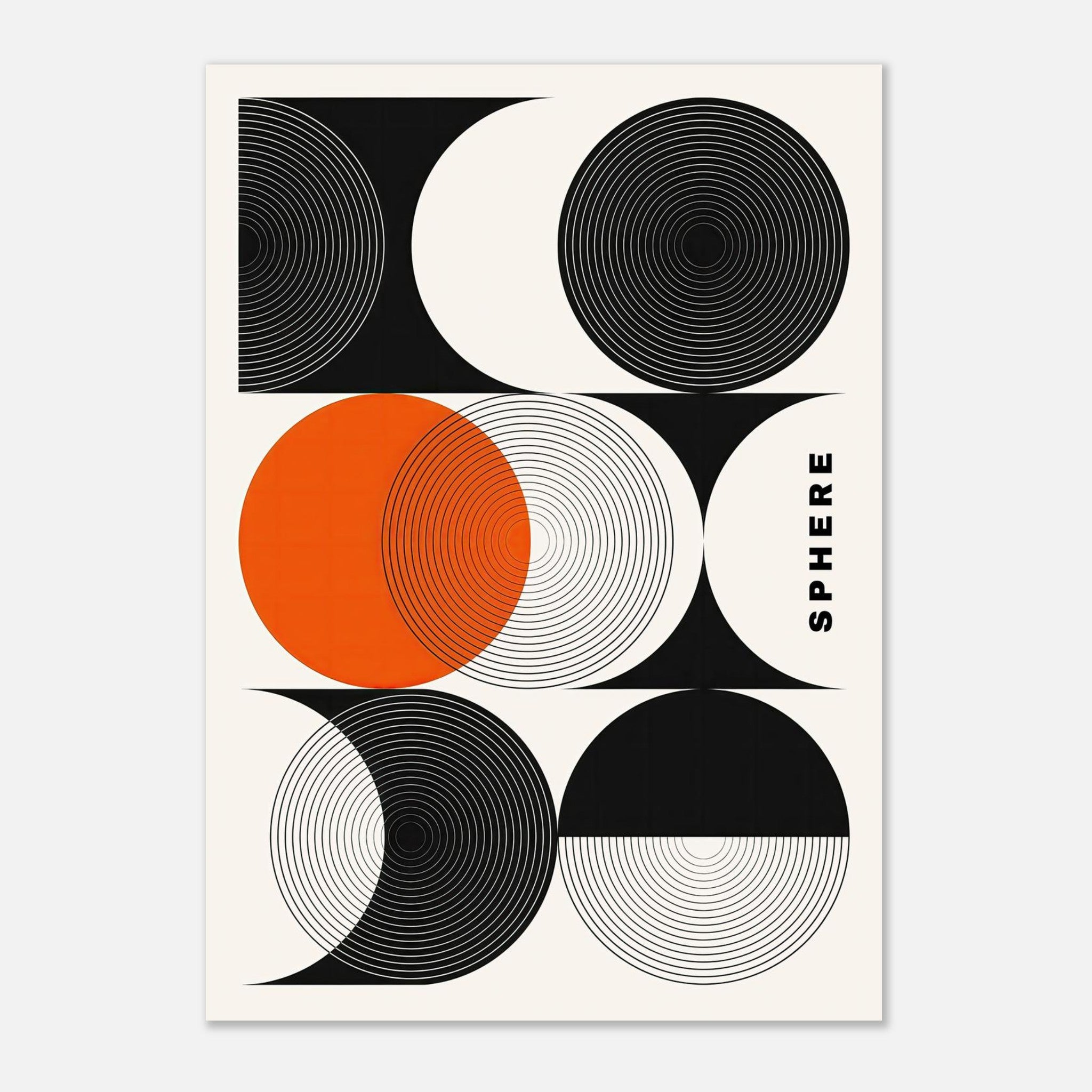 Abstract Geometric Sphere Art Poster featuring black, white, and orange circular patterns with concentric lines.