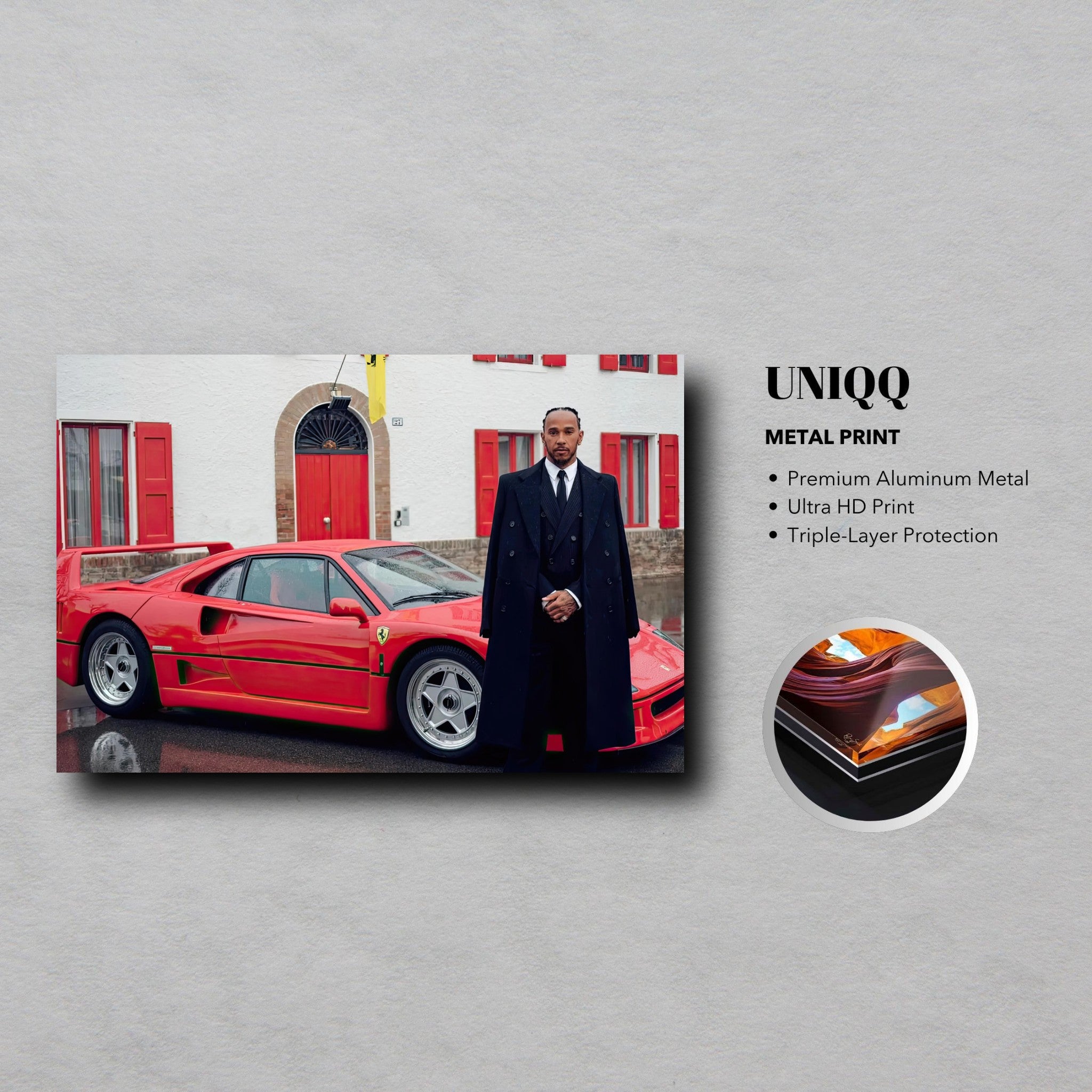 Lewis Hamilton poses with Ferrari F40 at Enzo Ferrari's house, premium metal print showcasing a historic moment.