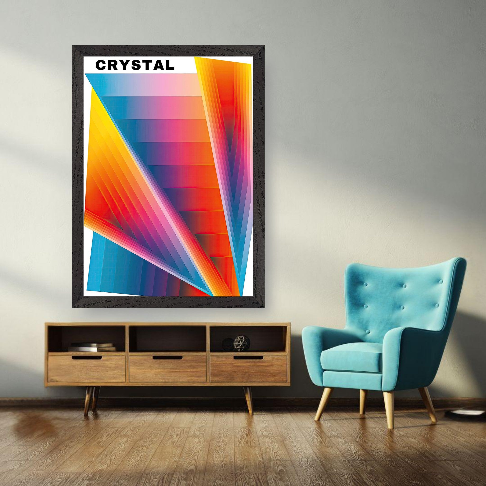 Crystal Abstract Art Vintage Framed Print showcasing vibrant geometric patterns in a modern living room.