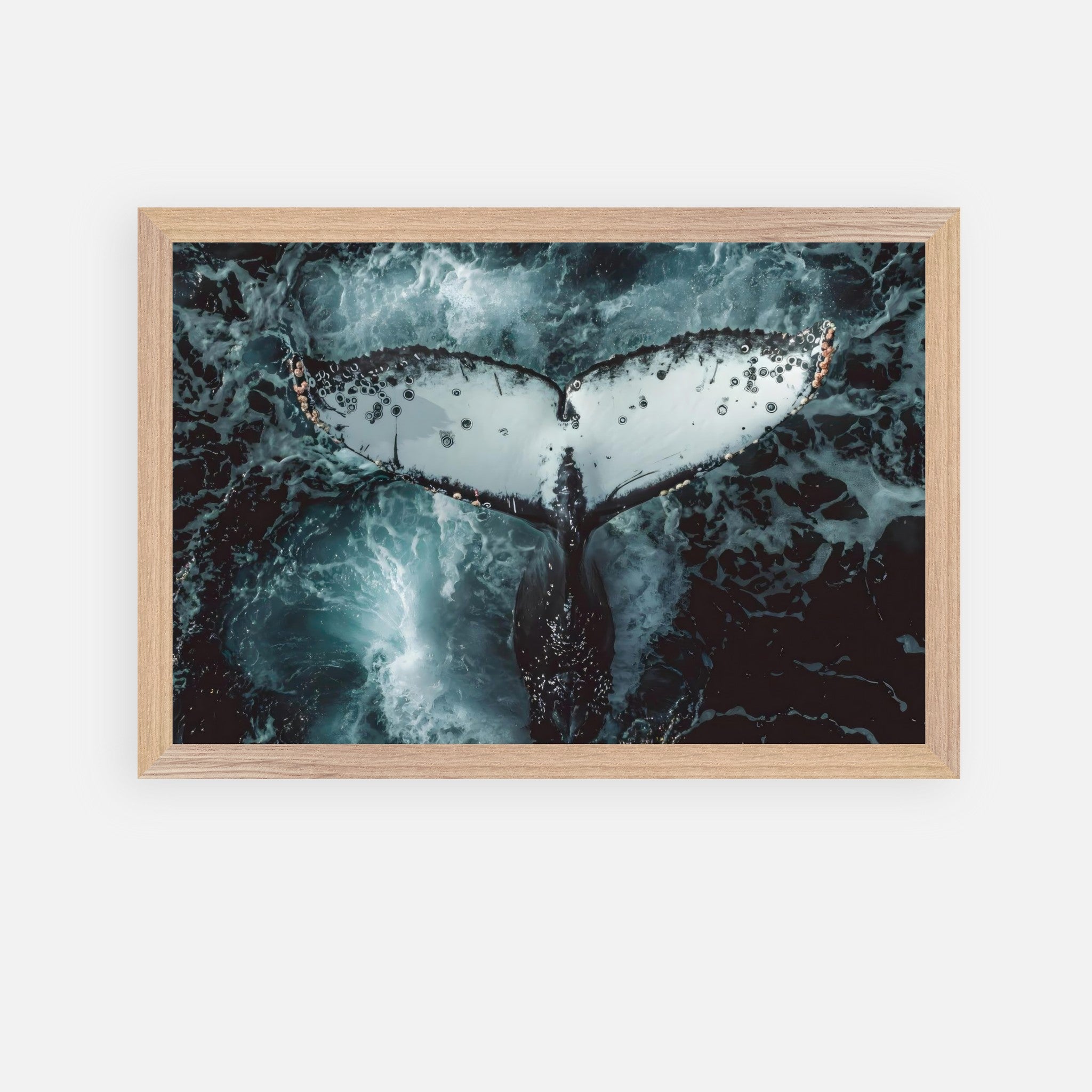 Fine art print of a humpback whale tail emerging from ocean waves, showcasing intricate details and vibrant blues.