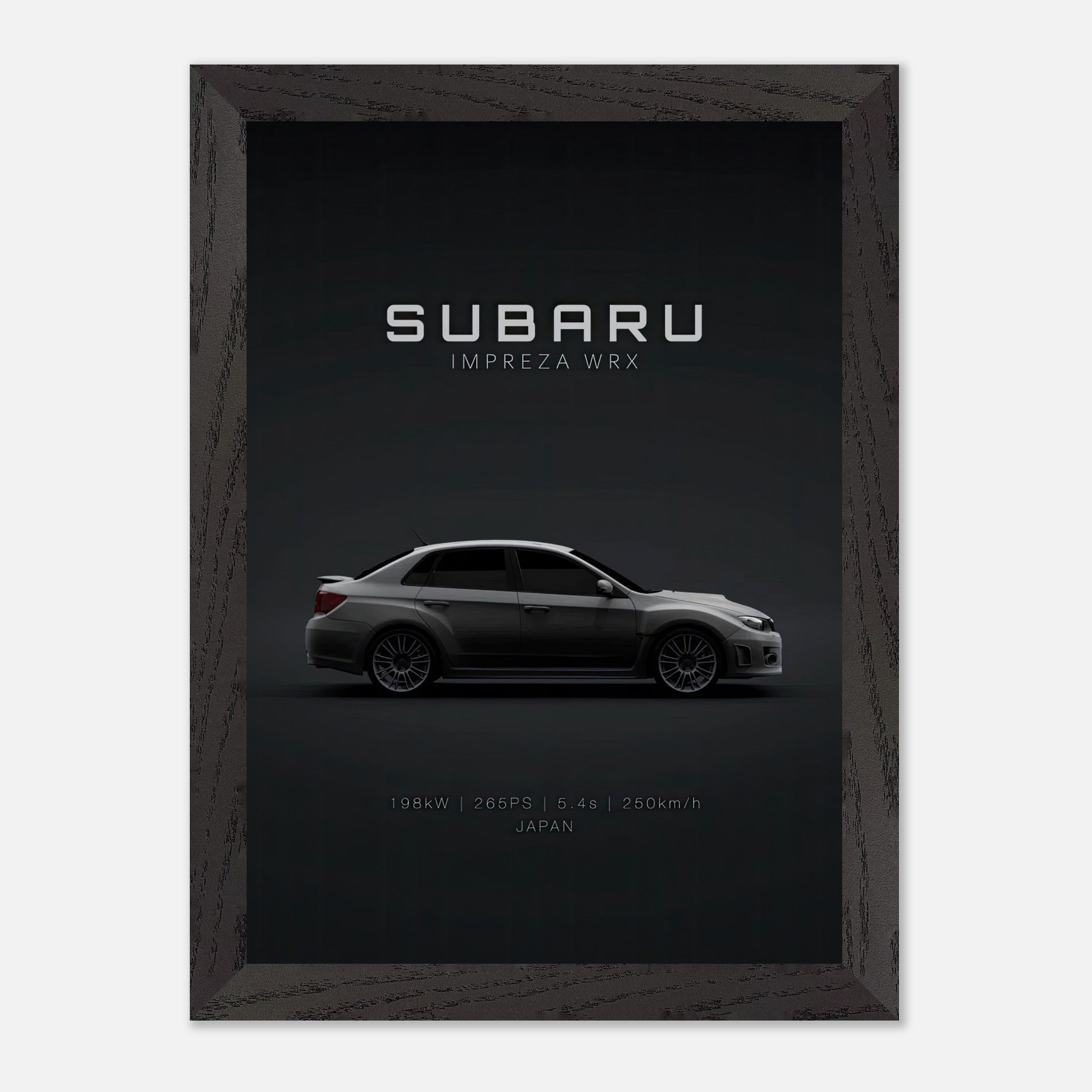 Vintage framed art of Subaru Impreza WRX showcasing its sleek design and engineering excellence.