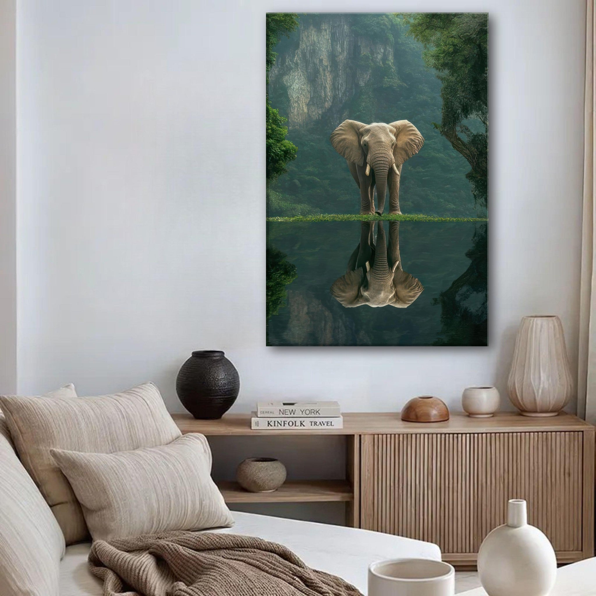 Jungle Elephant Portrait Canvas Print showcasing an elephant by a reflective pool in a serene jungle setting.