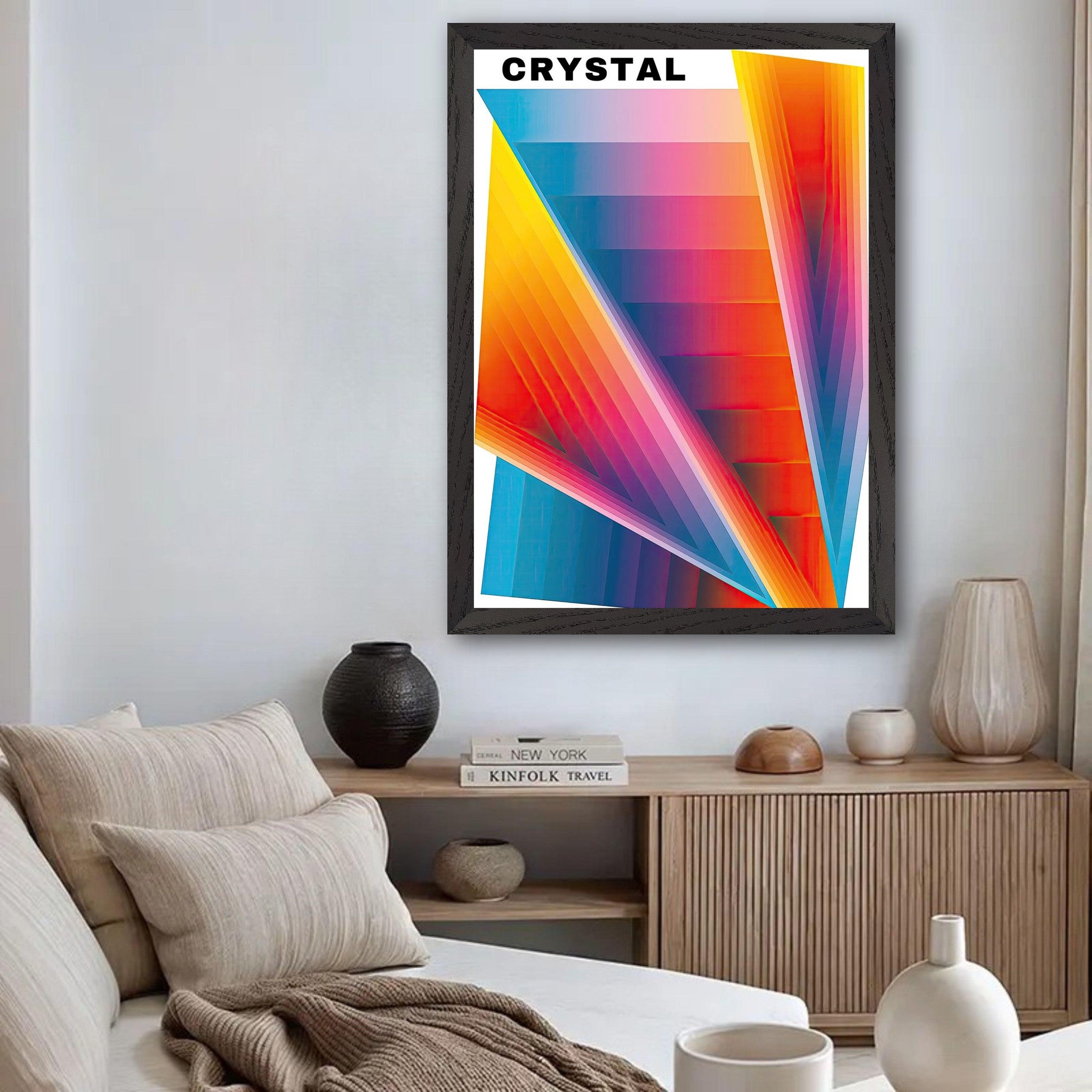 Vibrant Crystal Abstract Art Vintage Framed Print displayed in a modern living room setting.