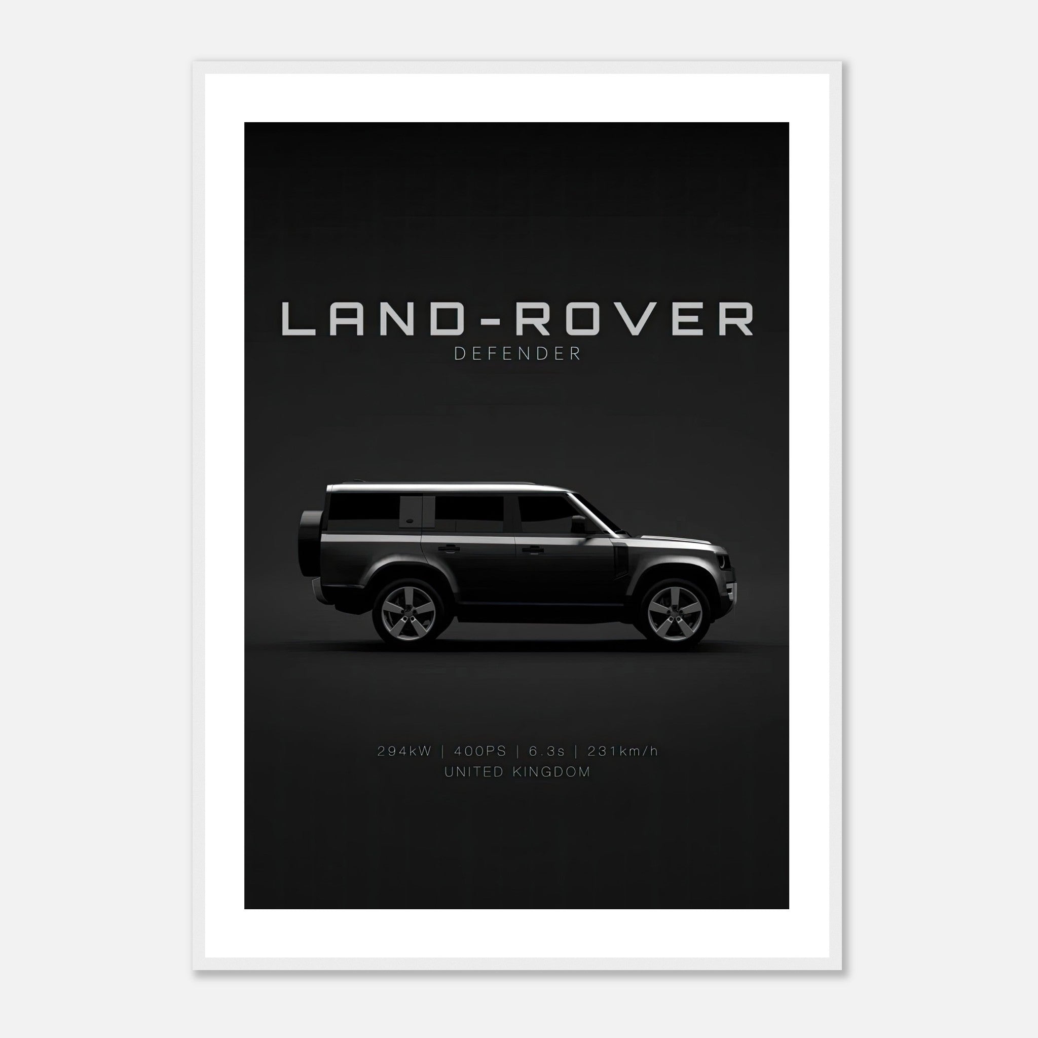 Land Rover Defender framed print showcasing sleek side profile and minimalist design, perfect for automotive enthusiasts.