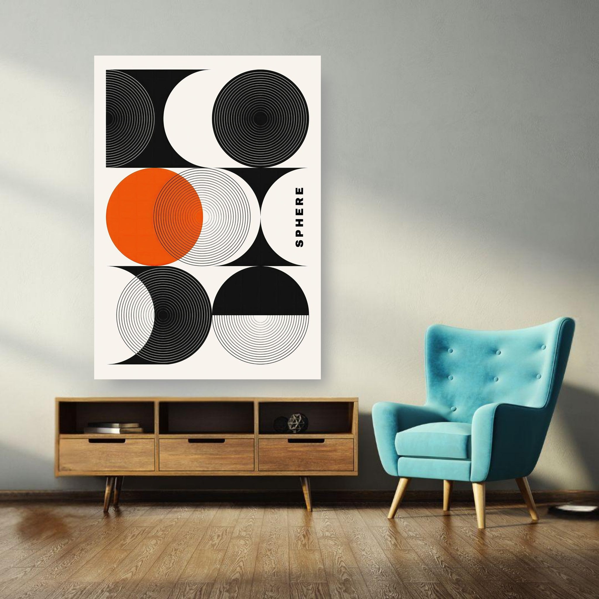 Abstract Geometric Sphere Art Poster in a modern living room featuring bold black, white, and orange patterns.