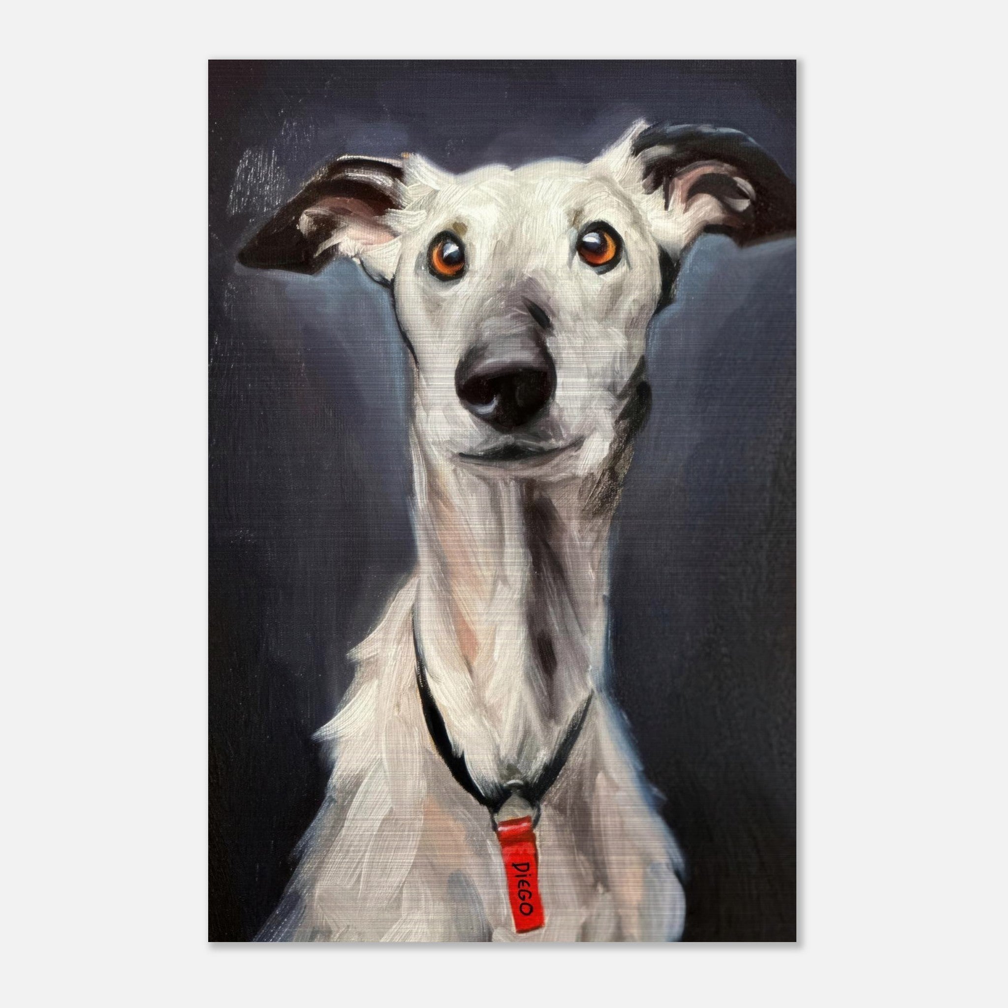 Brushed metal Greyhound dog painting featuring expressive eyes and sleek coat on a dark background.