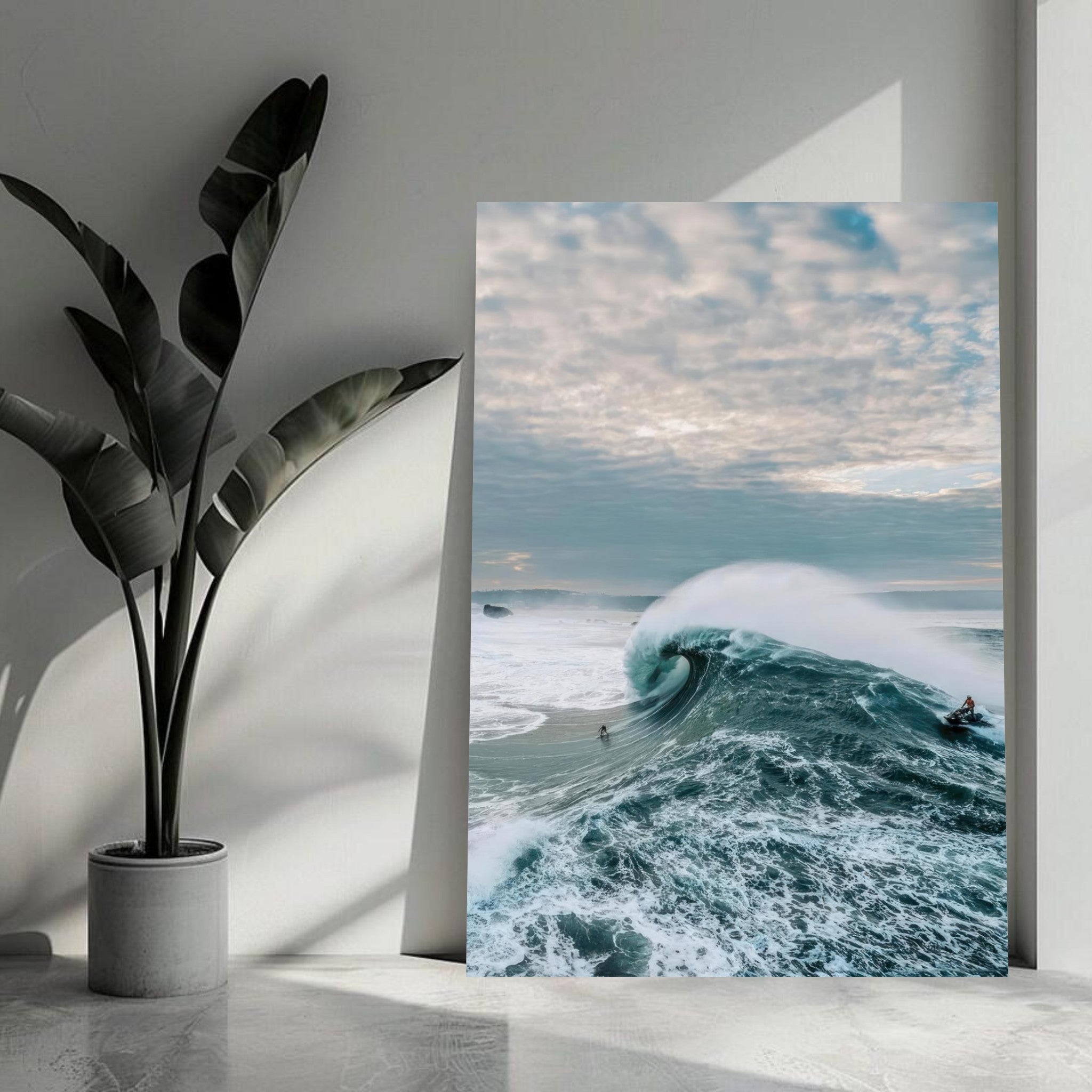 Big Wave Surfing Metal Print showcasing a surfer riding a massive wave with dynamic ocean colors.