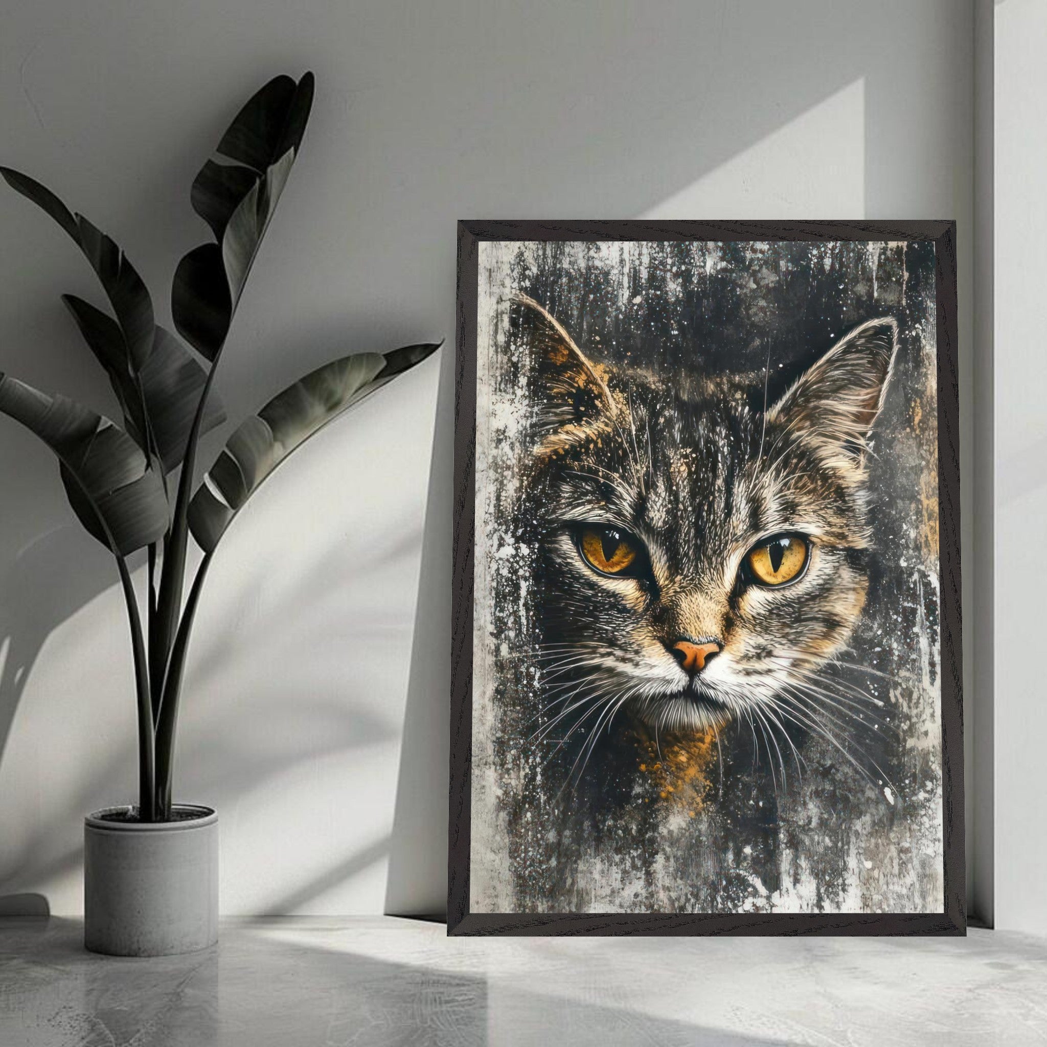 Cat painting artwork featuring a majestic feline with golden eyes set against a textured background.