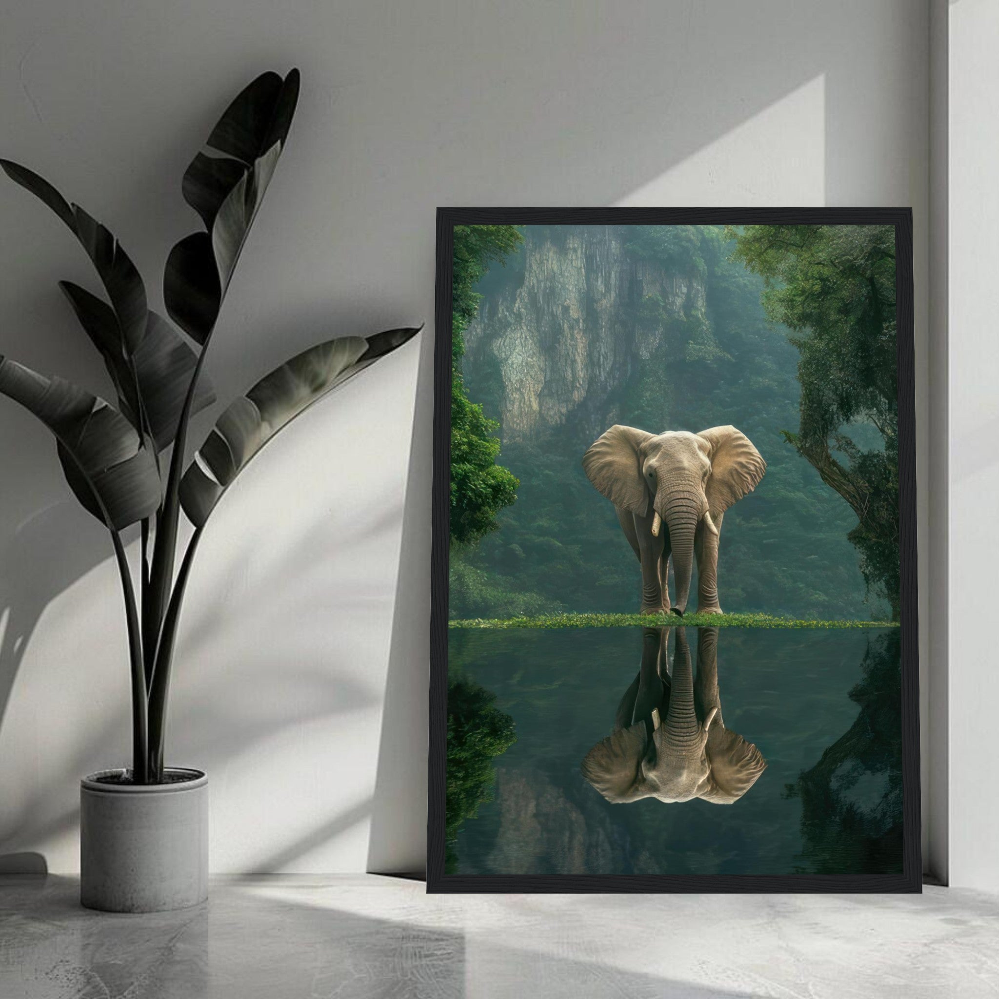 Jungle Elephant Portrait Framed Print, majestic elephant reflecting in water, lush greenery enhancing tranquil nature scene.