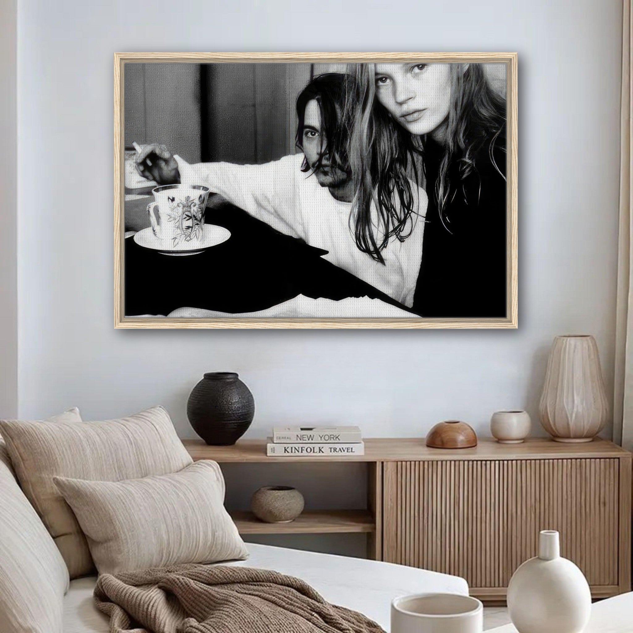 Framed canvas print of Johnny Depp and Kate Moss, capturing 1990s celebrity romance in black and white.
