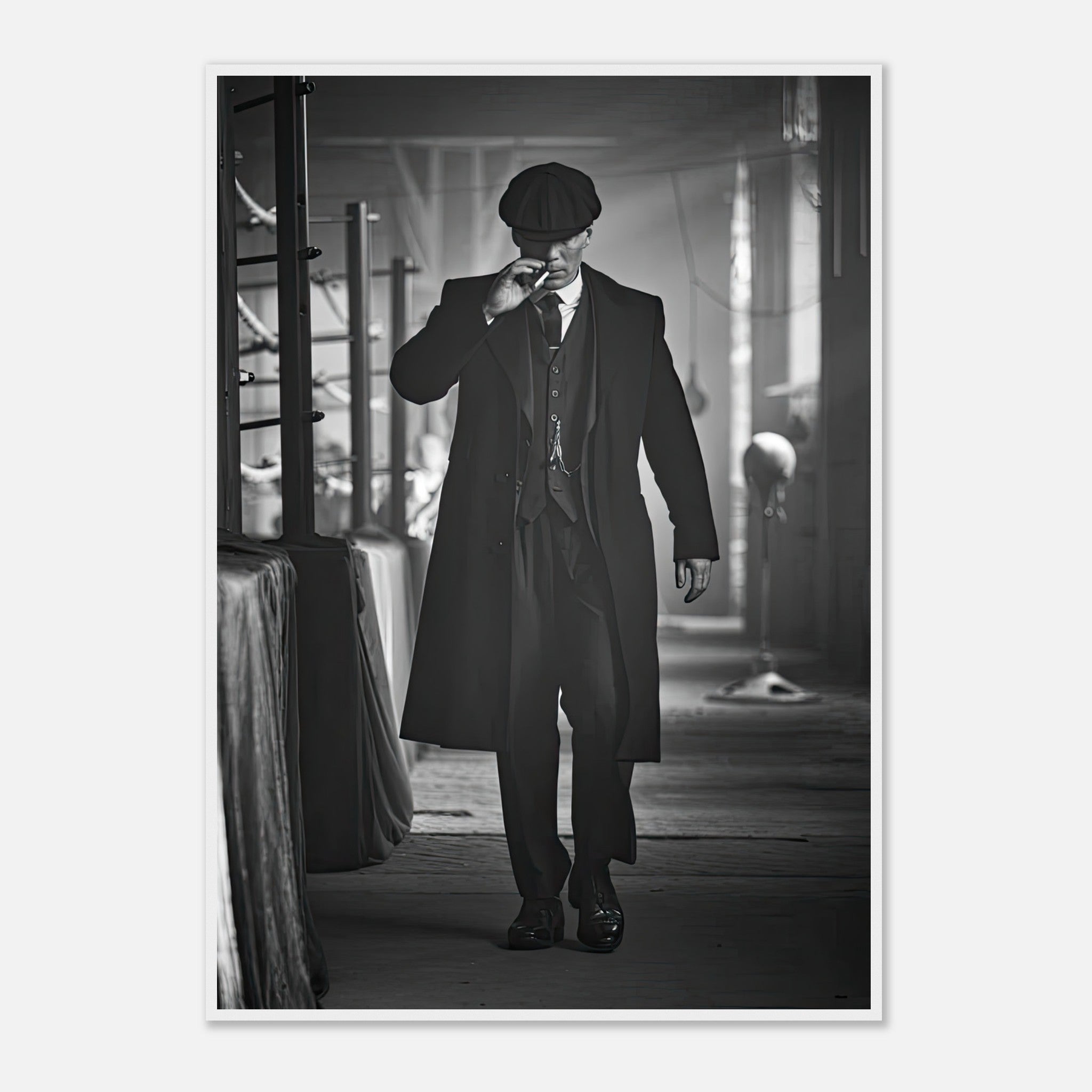 Tommy Shelby framed print from Peaky Blinders, showcasing 1920s style in black-and-white.