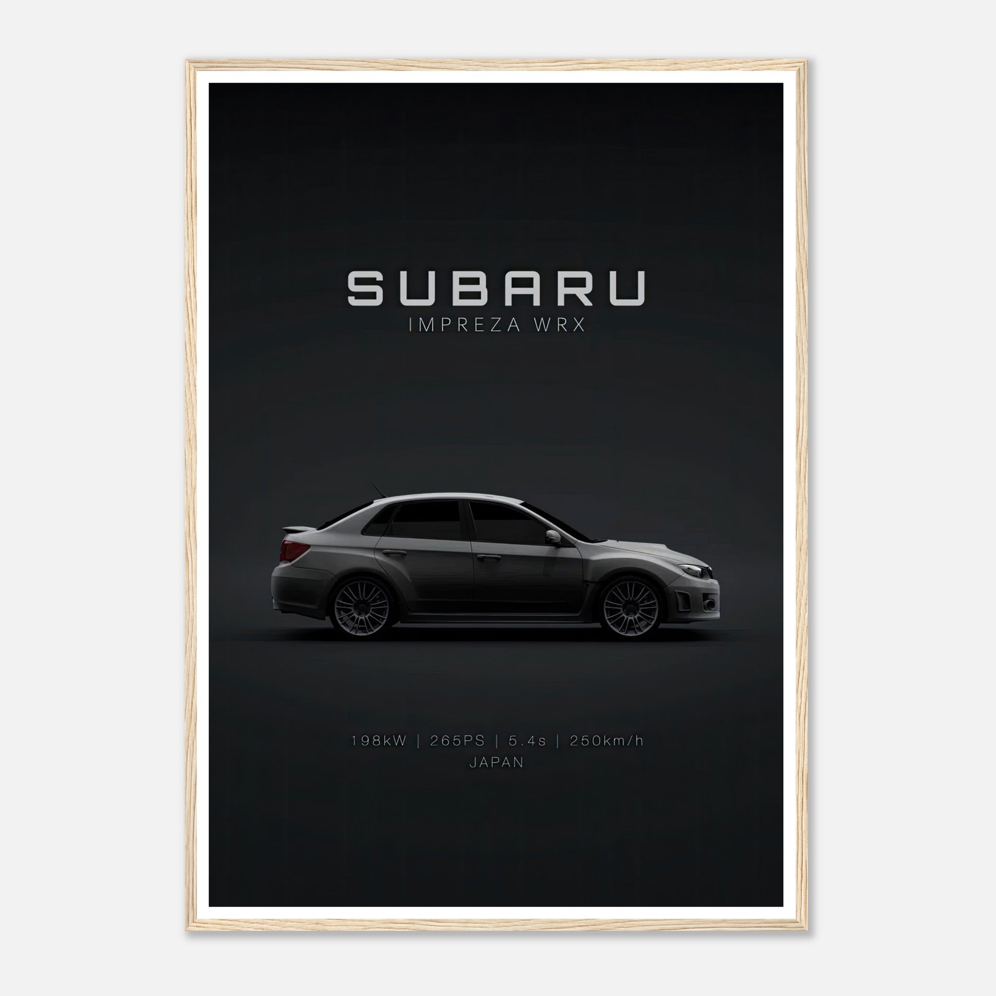 Framed poster of Subaru Impreza WRX showcasing sleek design and performance details against a dark background.