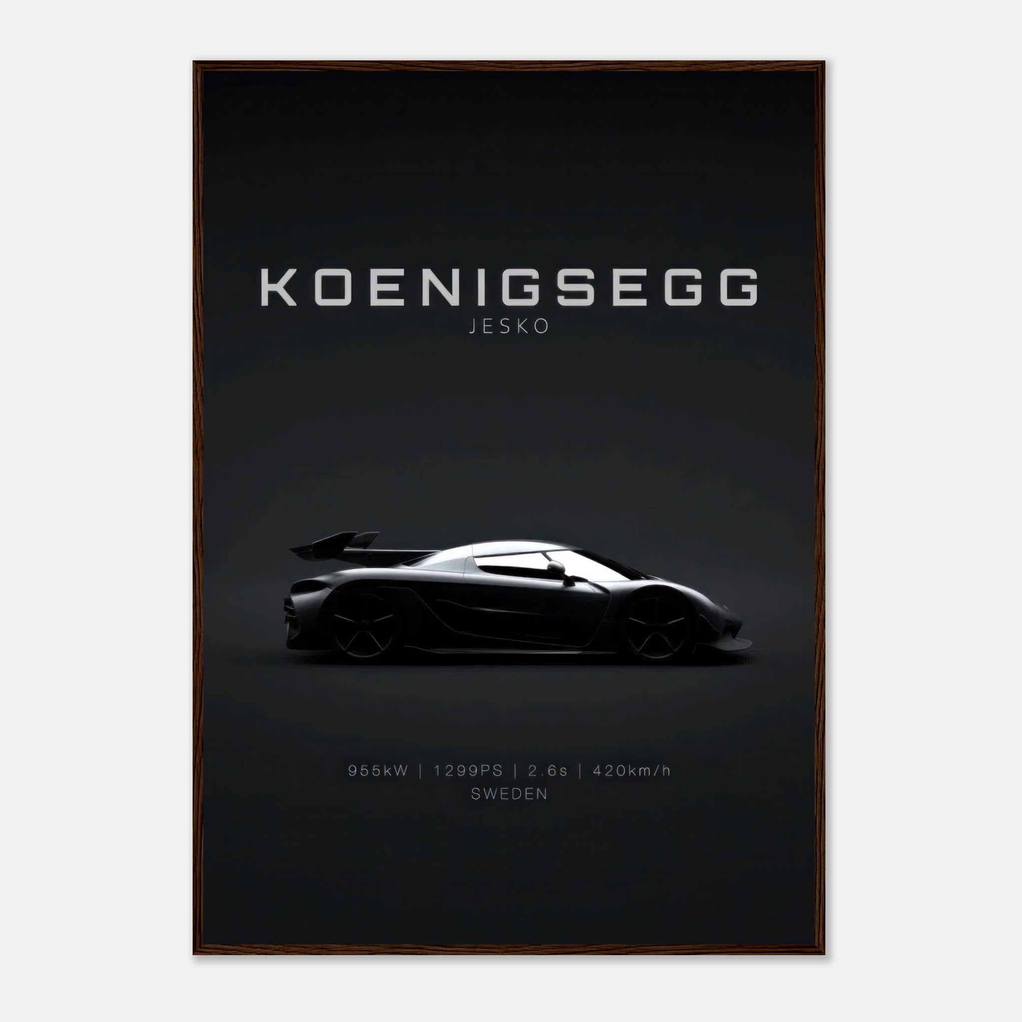 Koenigsegg Jesko framed poster showcasing sleek silhouette on a minimalist black background.