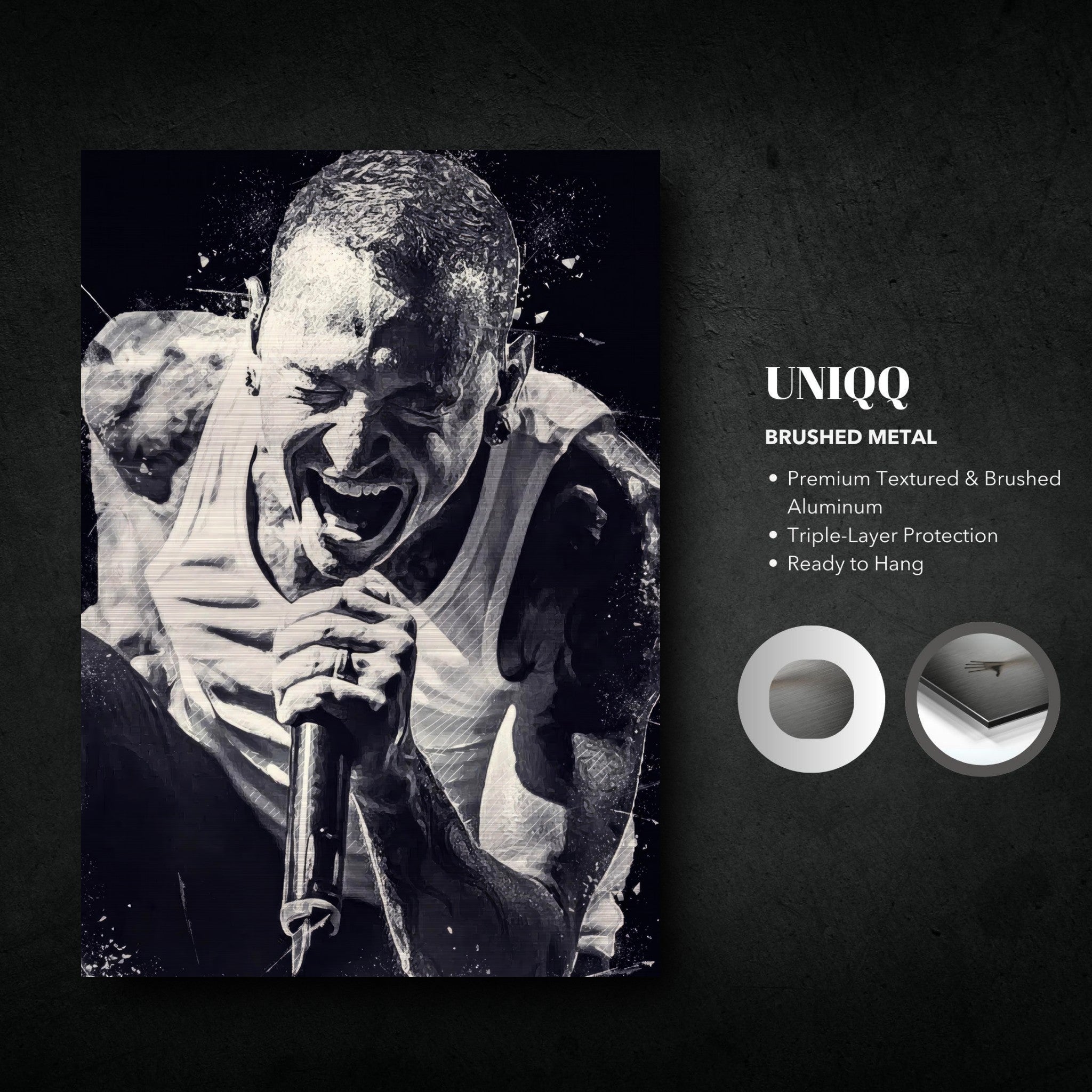 Chester Bennington brushed metal print, black-and-white artwork, premium aluminum, dedicated Linkin Park fan decor