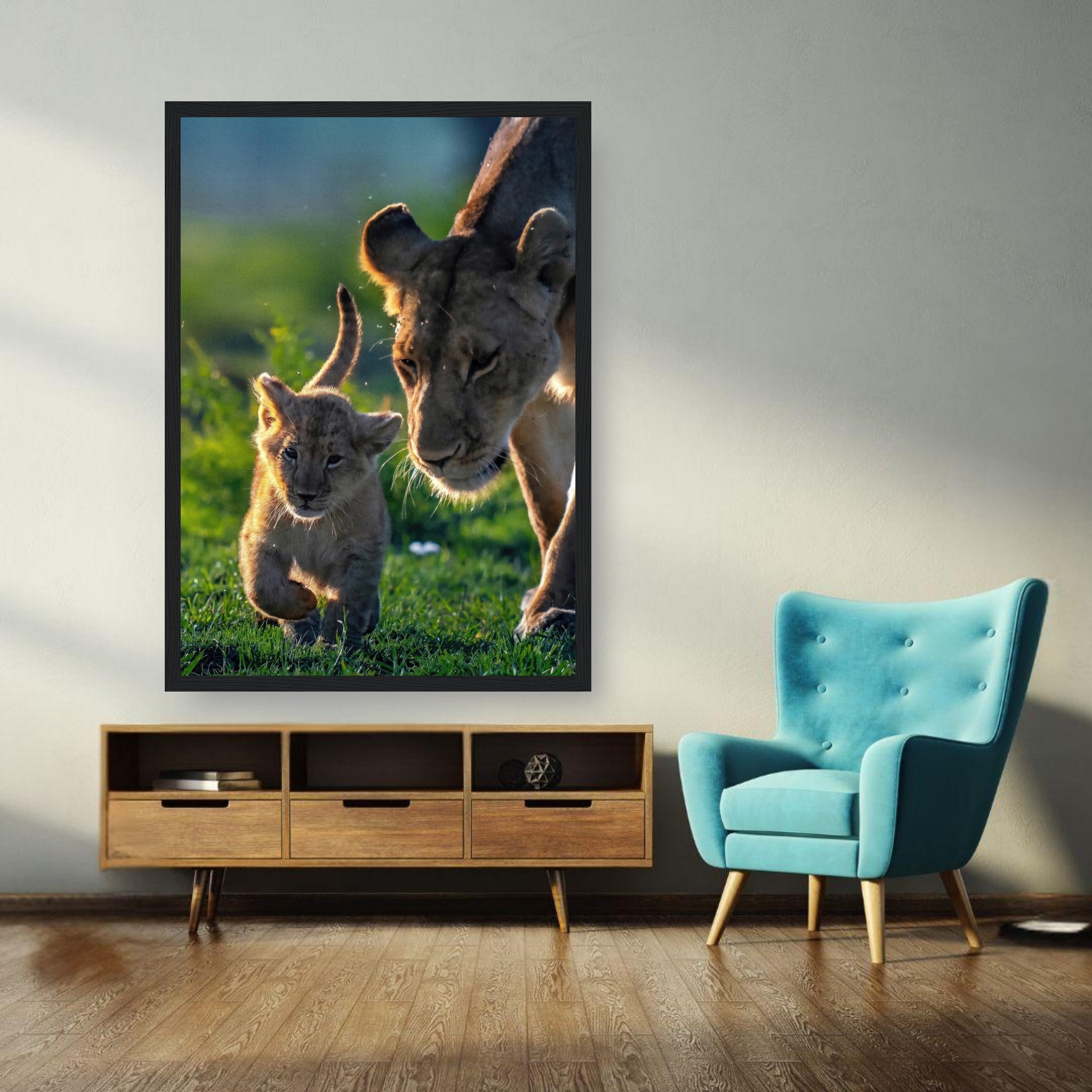 Protective Lion Mother Framed Print depicting a lioness and her cub in a vibrant green landscape.