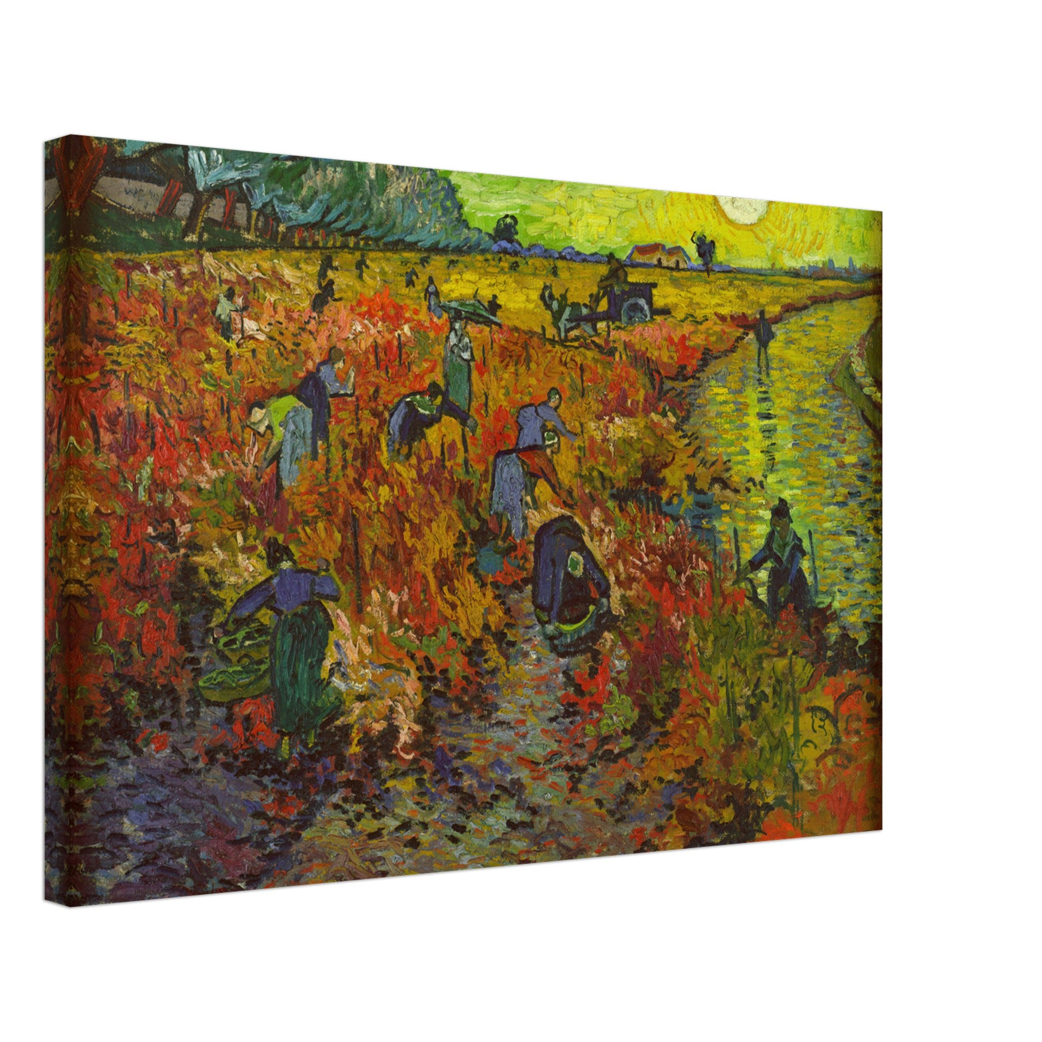 Canvas print of Van Gogh's The Red Vineyard, featuring vibrant colors and autumn harvest scene.