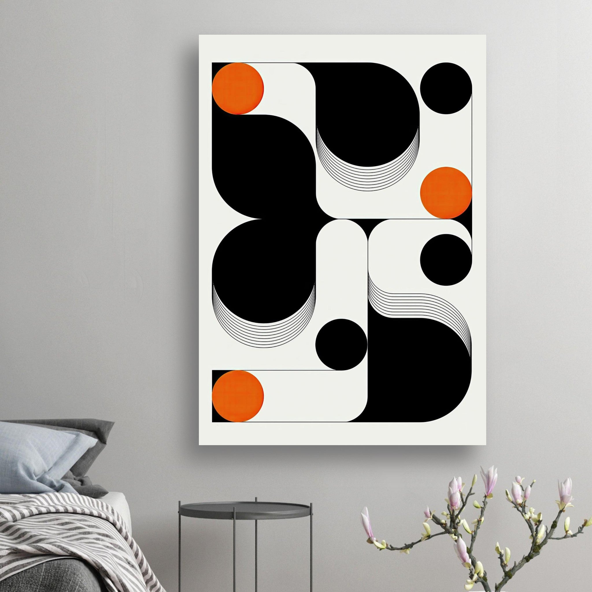 Modern geometric abstract art poster with bold orange accents on a monochrome backdrop, perfect for contemporary decor.