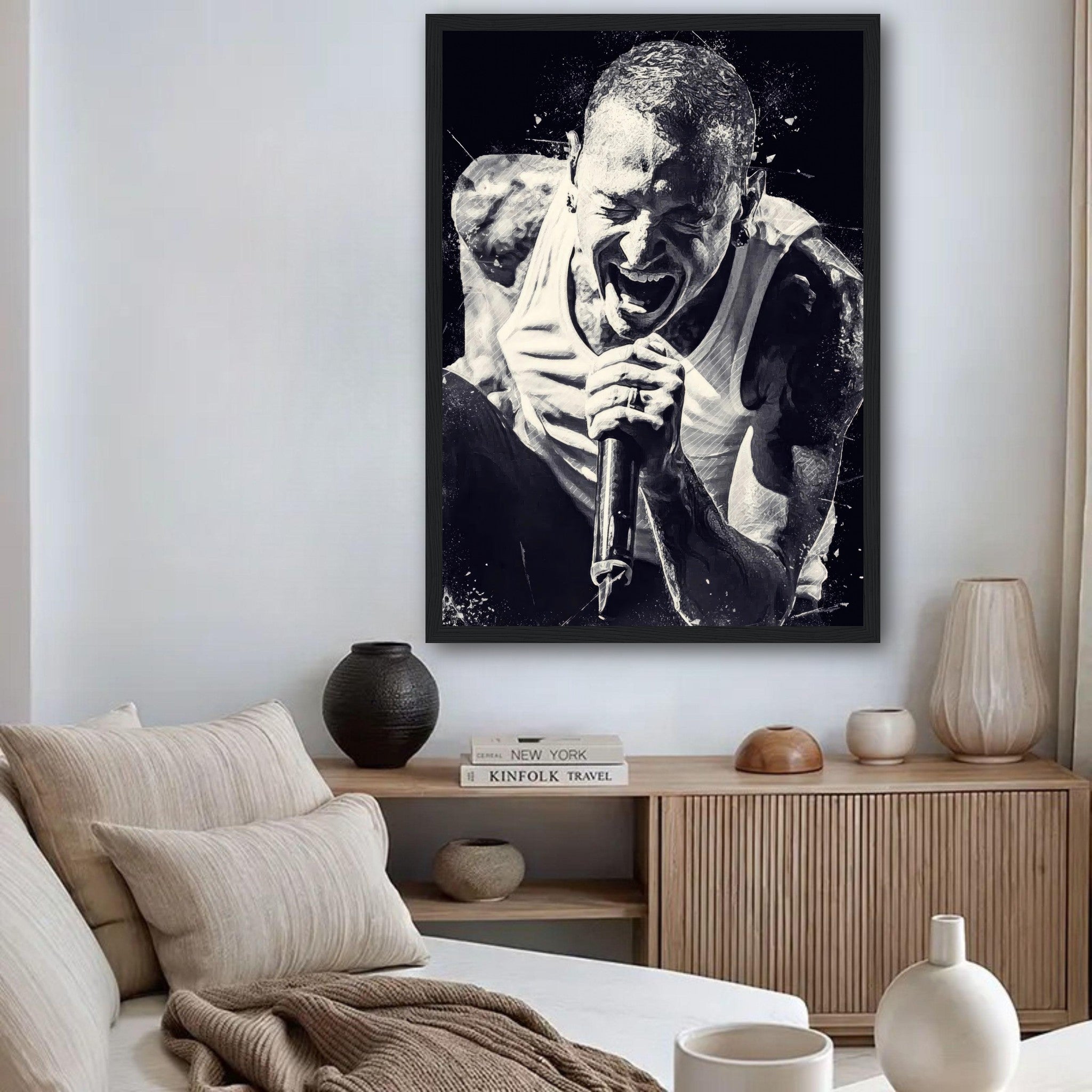 Chester Bennington framed print poster showcasing his powerful stage presence in a modern living room setting.