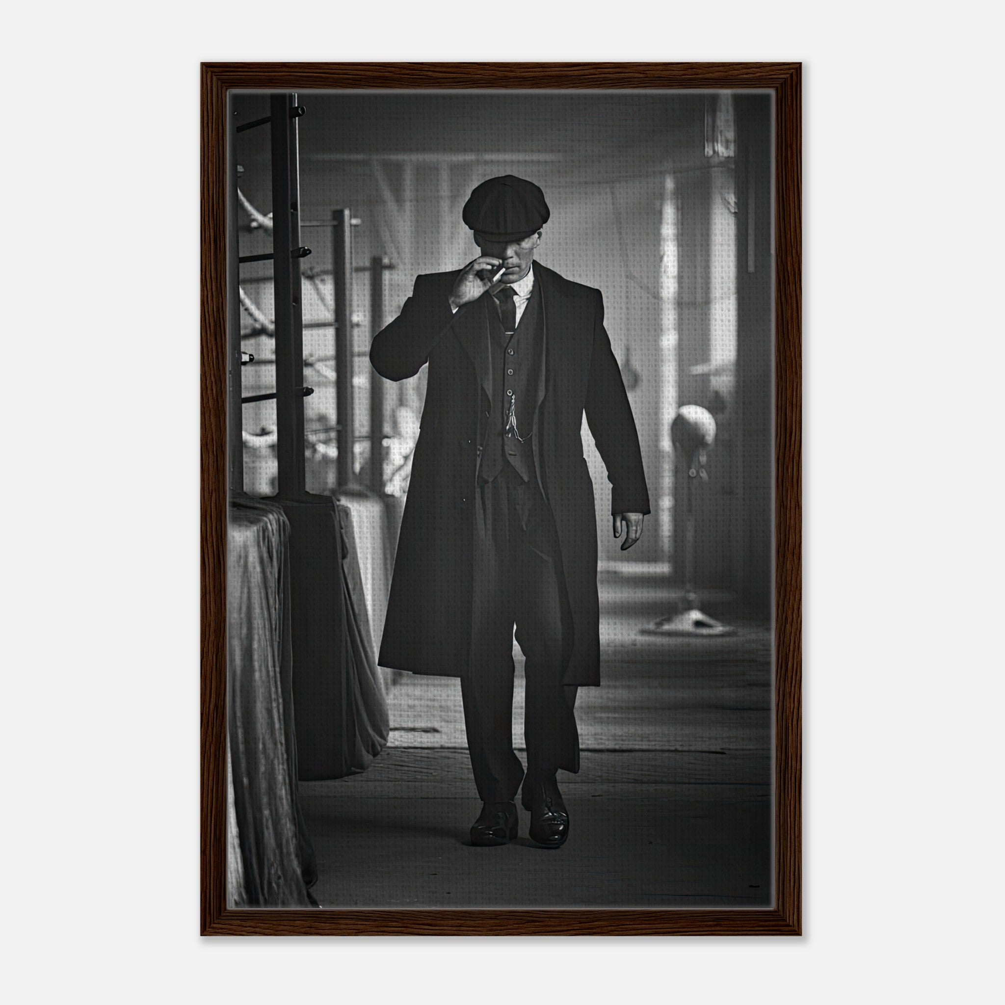 Tommy Shelby from Peaky Blinders framed canvas print, depicting him in monochrome with signature style.