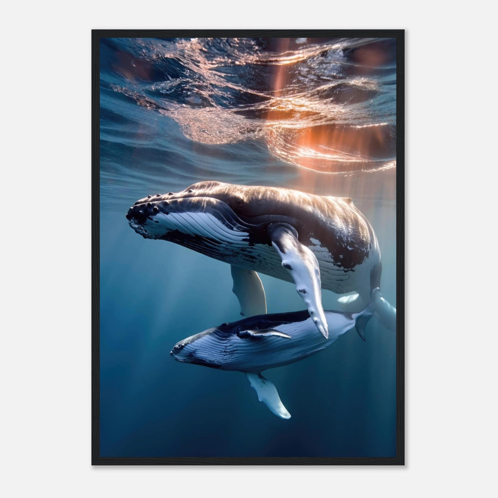 Underwater photography of a humpback whale and calf swimming in crystal-clear ocean waters, framed print.