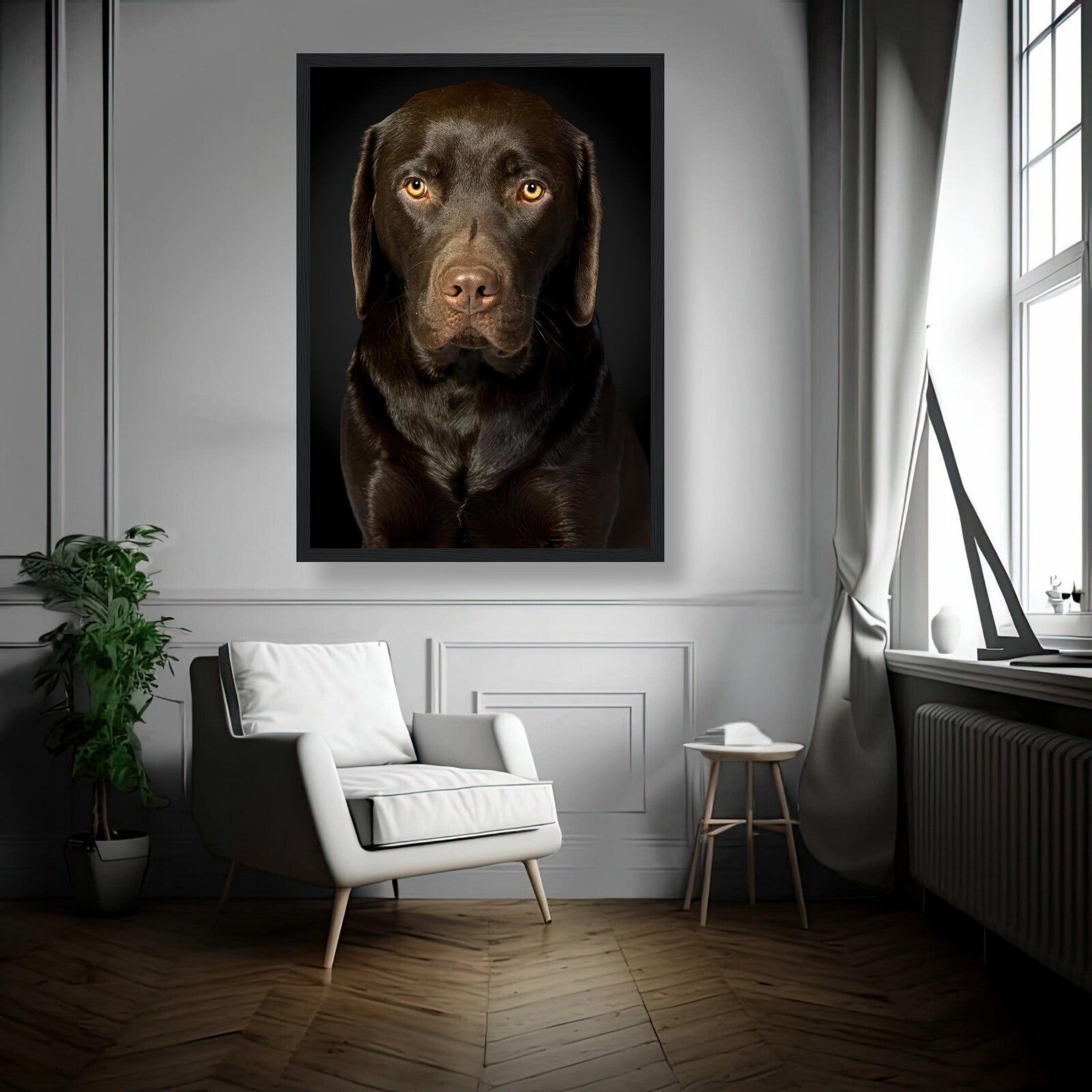 Chocolate Labrador portrait framed print showcasing a soulful expression against a black background.