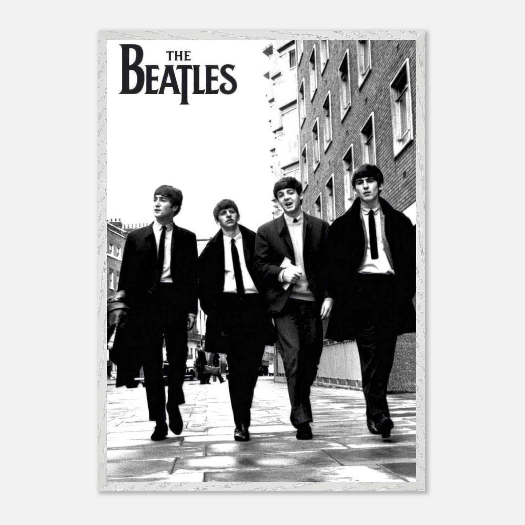 The Beatles Vintage Framed Print showcasing the iconic band walking in London, perfect for music lovers.