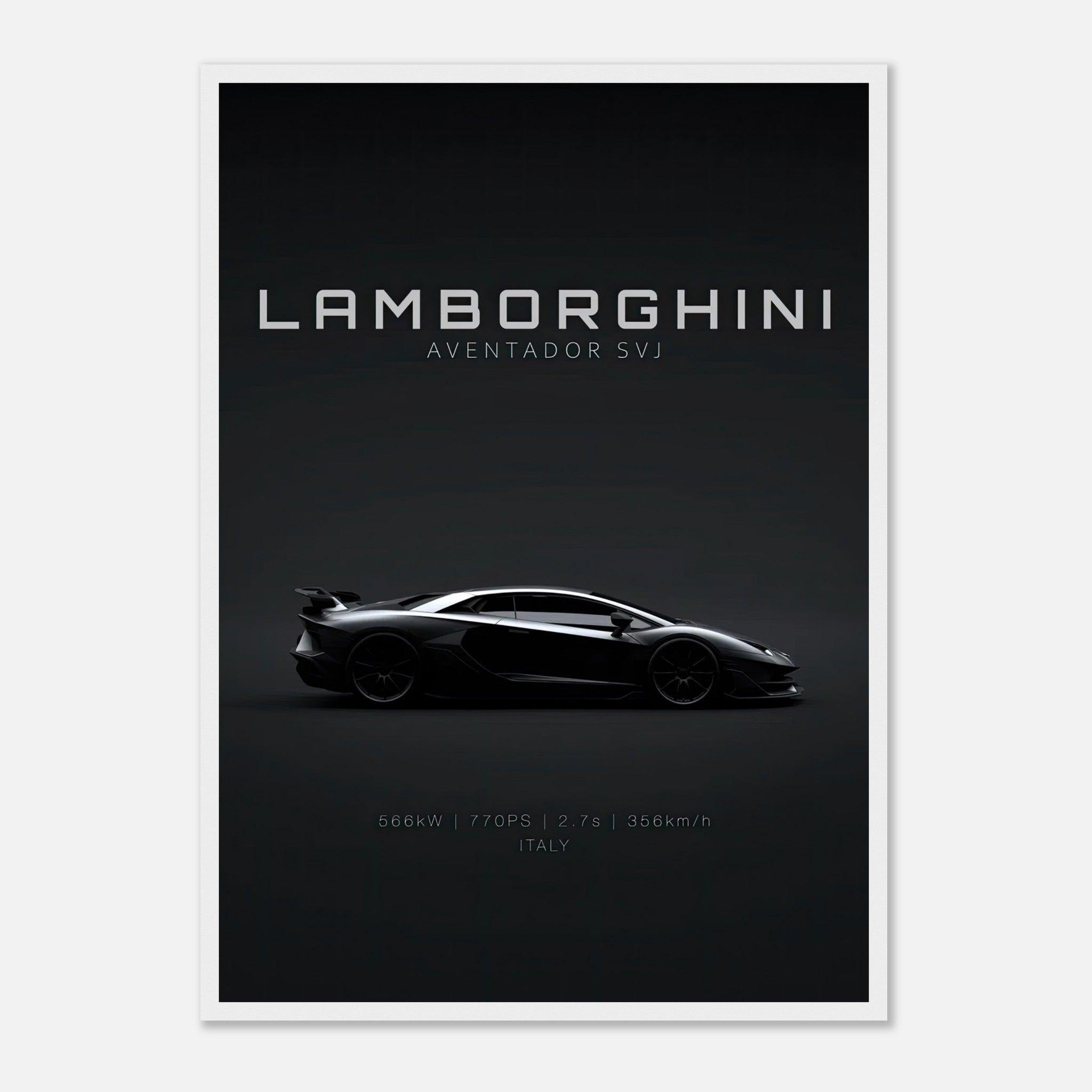 Lamborghini Aventador SVJ framed poster showcasing its sleek silhouette and iconic design details.