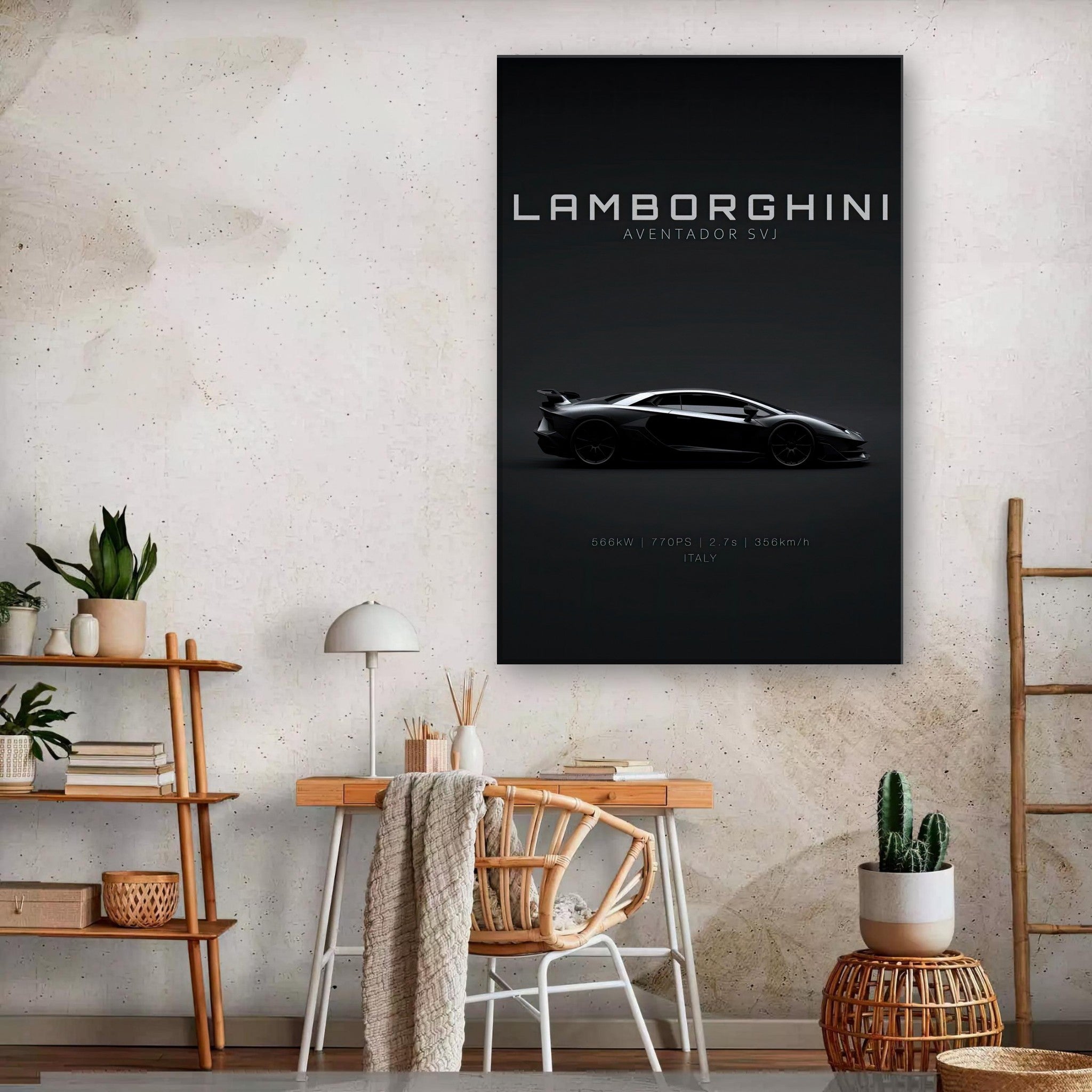 Lamborghini Aventador SVJ canvas wall art featuring sleek silhouette on minimalist black background.