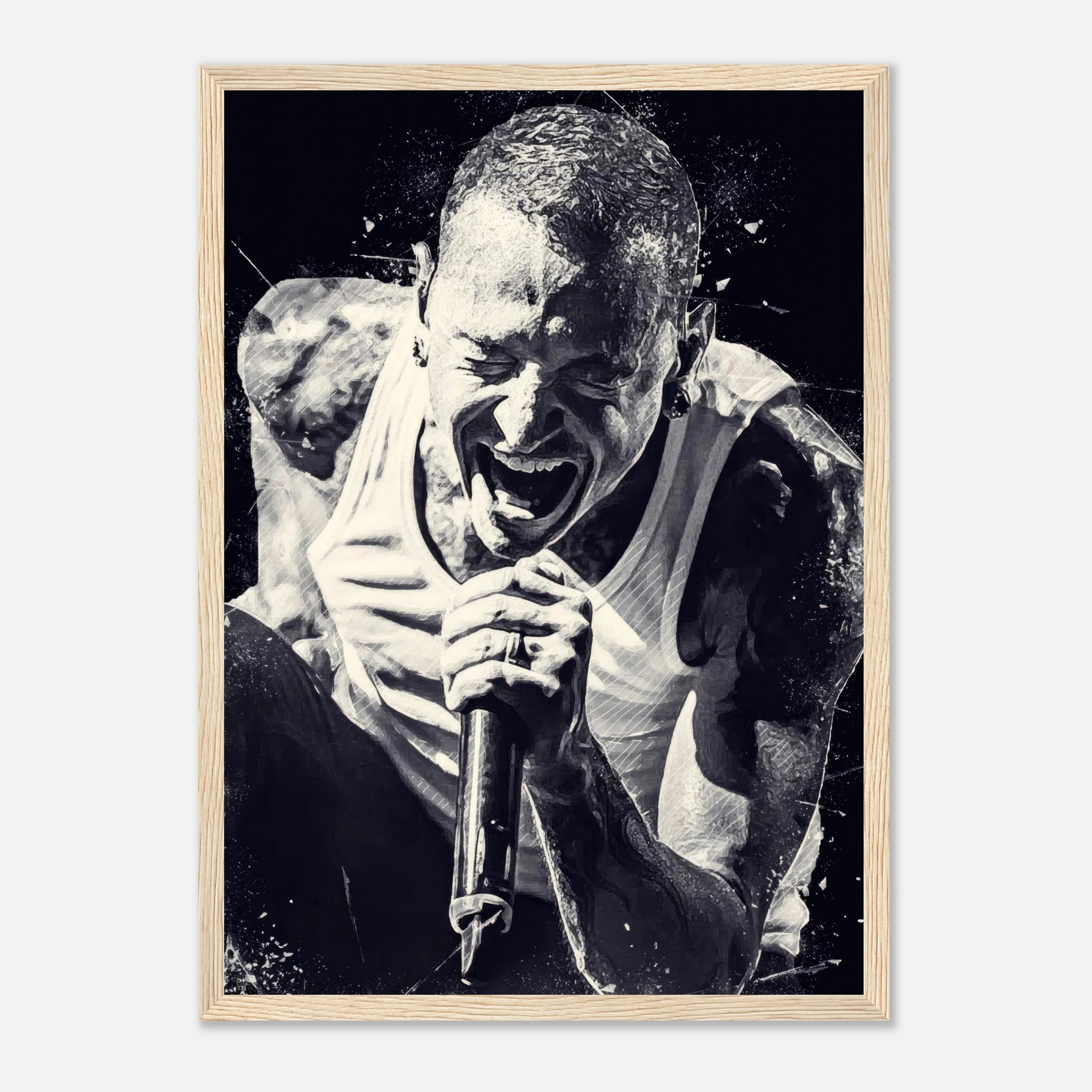 Chester Bennington framed print poster showcasing powerful black-and-white artwork of his passionate performance.