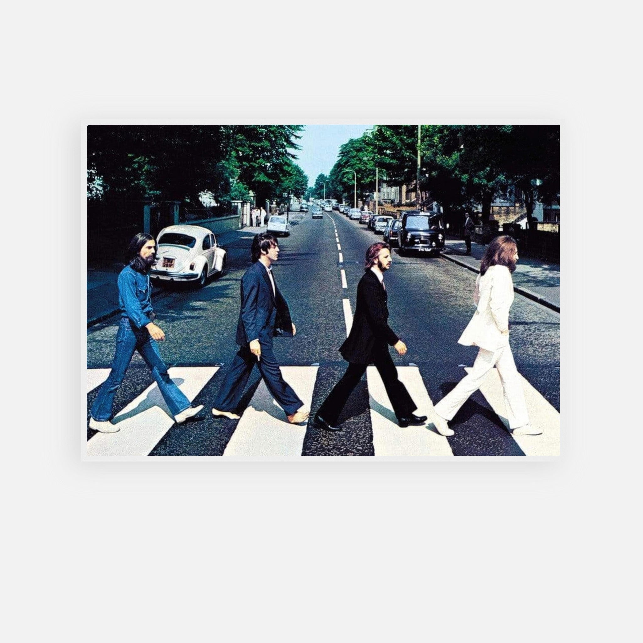 The Beatles Abbey Road framed print featuring iconic street crossing scene.