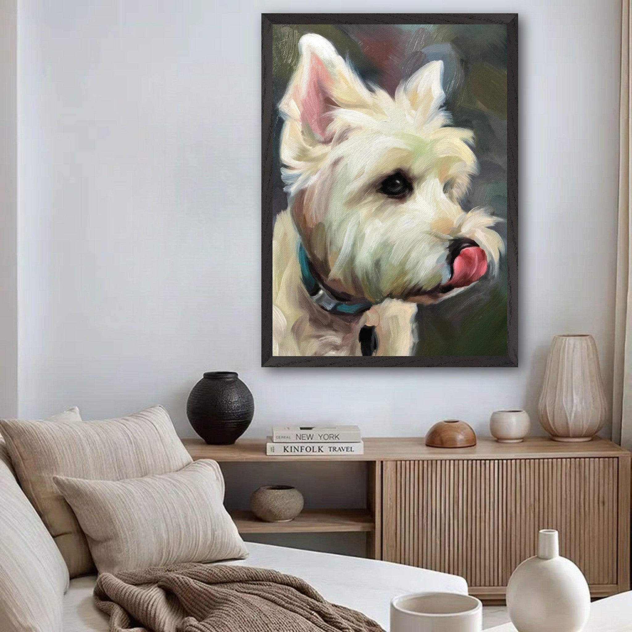 Westie dog painting displayed in a modern living room, showcasing the breed's fluffy white coat and playful expression.