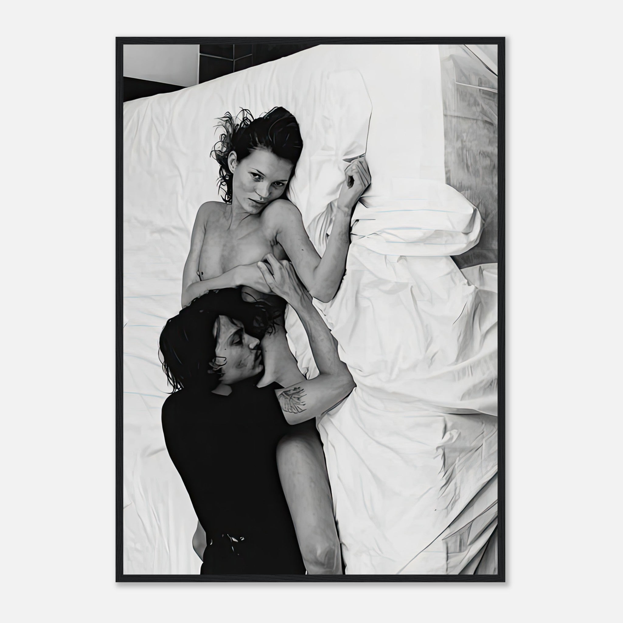 Iconic black-and-white framed print of Kate Moss and Johnny Depp in intimate pose, captured in New York, 1994.