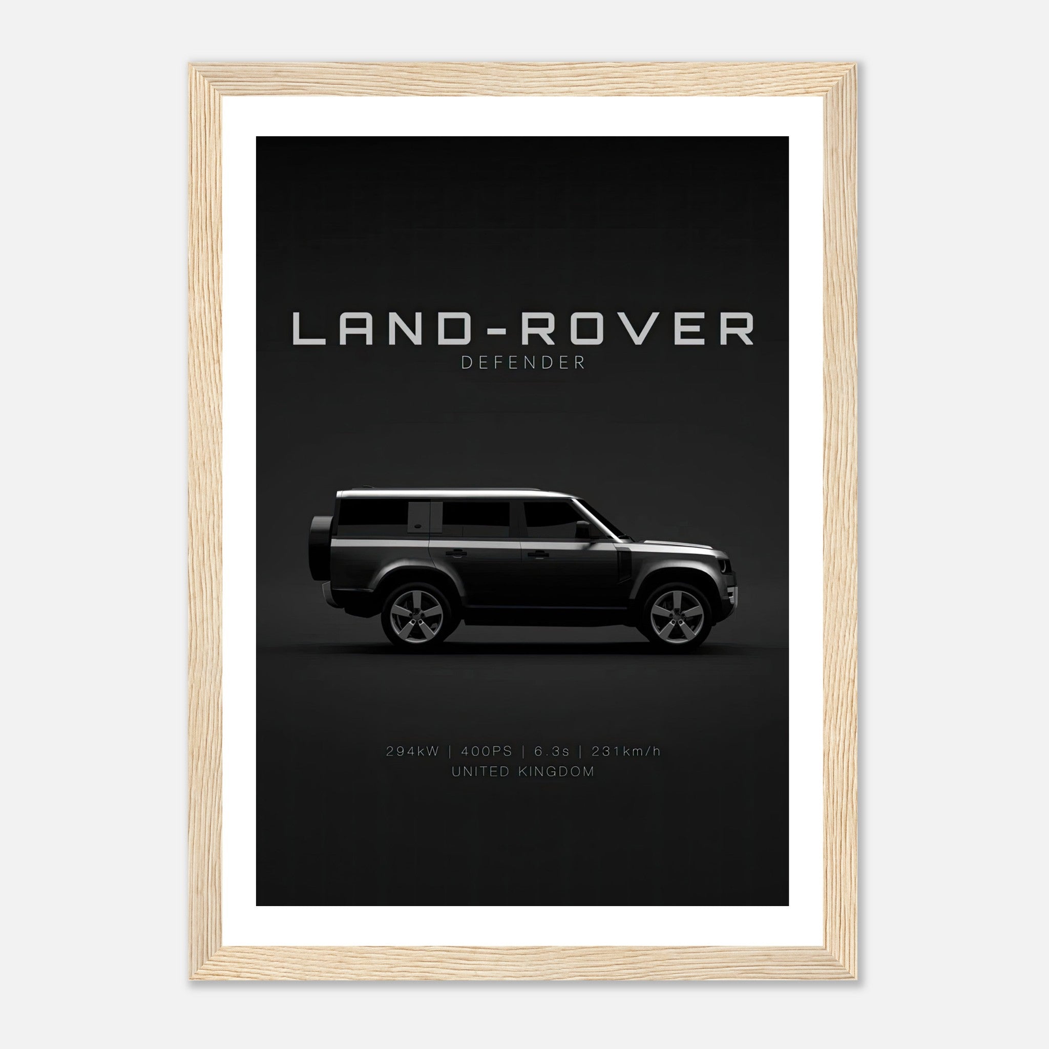 Framed print of a Land Rover Defender showcasing its side profile with minimalist design and elegant details.